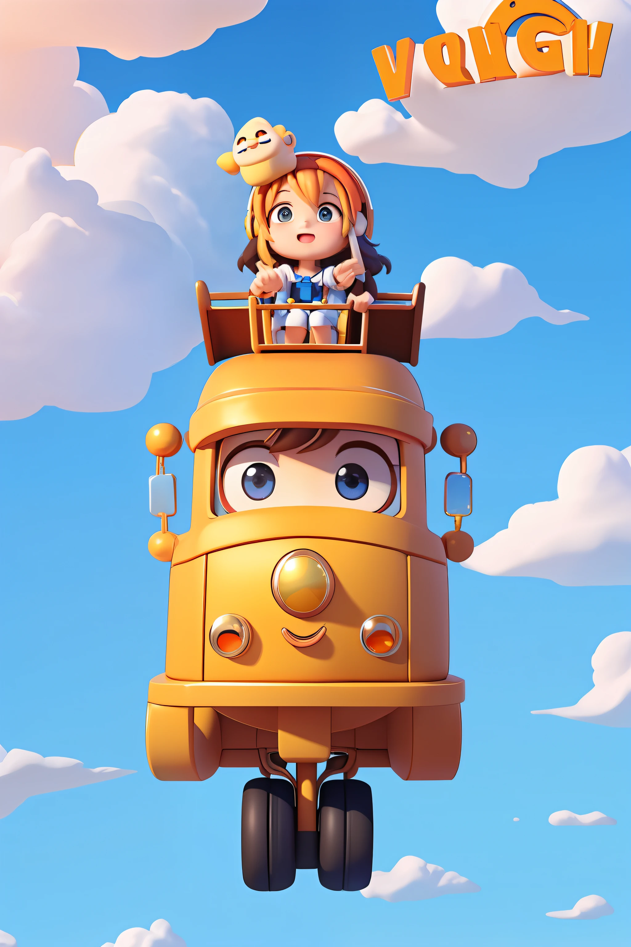 poster for,Blue sky white cloud background Pixar style,3D,Orange cute metallic minecart flying, driving,Cartoon Cute,Lots of detail,The sense of space is obvious,Shock force。