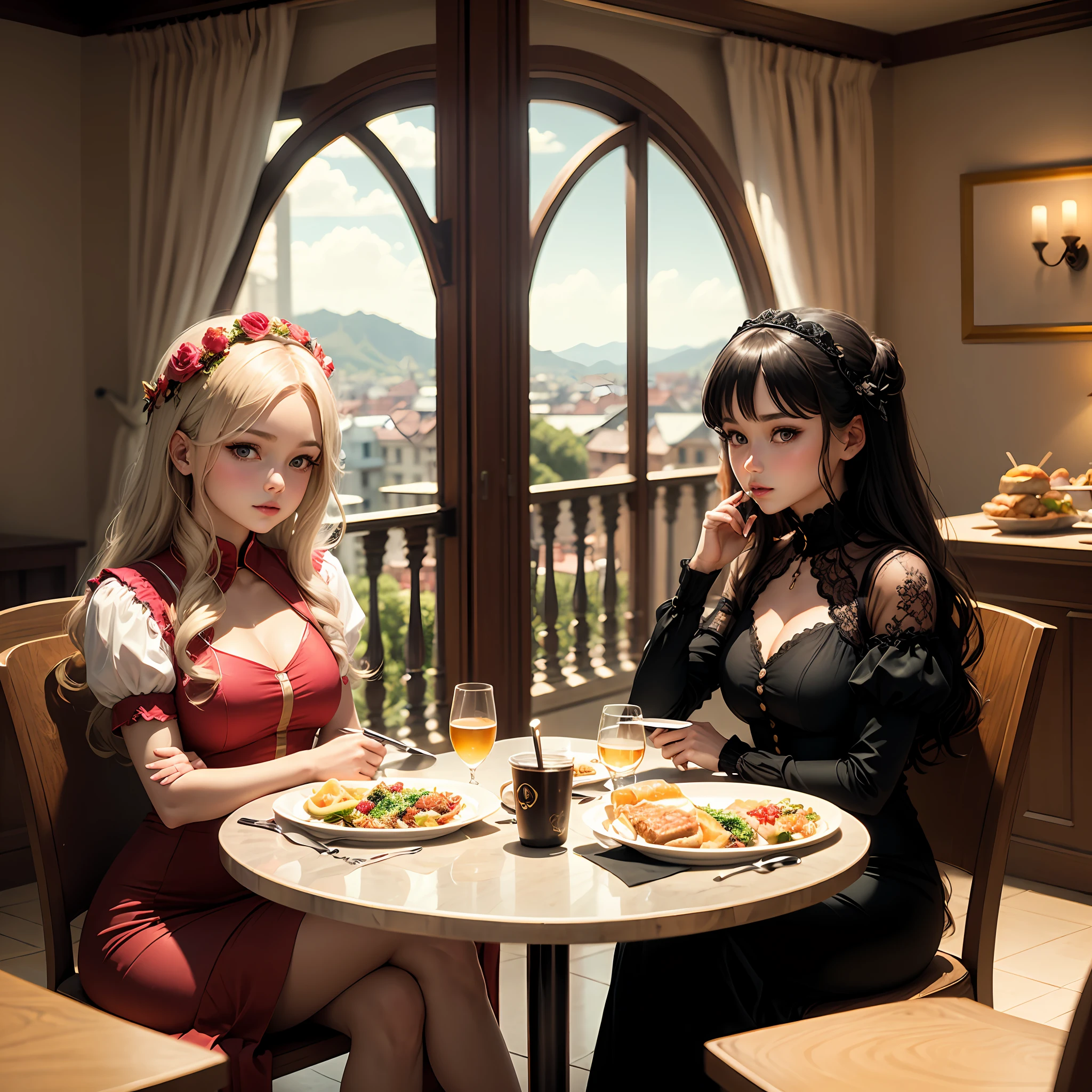 2 Dämonenengel, who have lunch in a beautiful hotel with breathtaking views and both wear stunning clothes. --auto