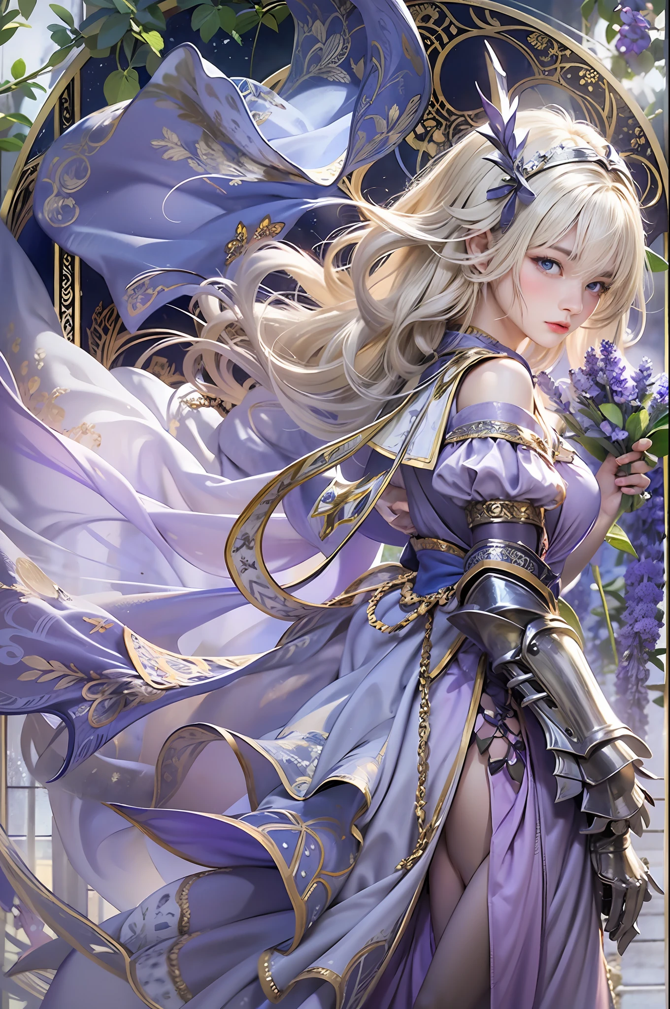 ​masterpiece, top-quality, One Young Woman Knight、Beautiful fece、Rin々Right、Girl hugging in her lap、beautiful countenance、beautidful eyes、25-years old、((FULL BODYSHOT))、Silver Half Plate and Dress Armor、Gorgeous blonde、long、Blue eyes、thoughtful、magical fantasy、chies、Lavender fields、in isekai、Medieval Europe、((FULL BODYSHOT))、Dynamic angles、