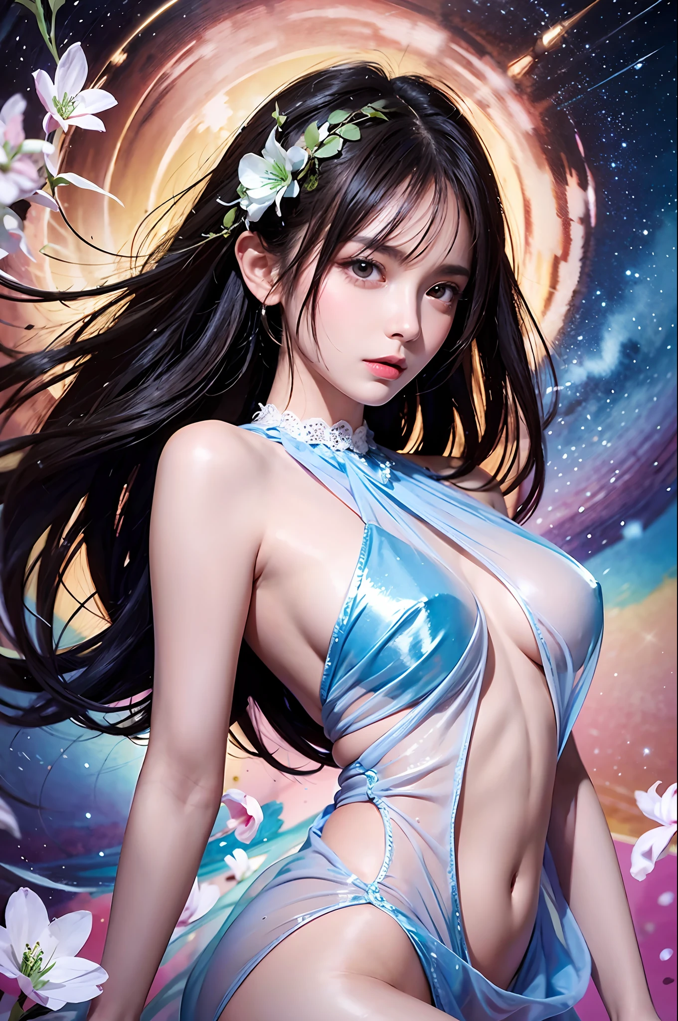 1girl in、florals、Lisianthus、See-through pale pink and lace、See-through in bright azure style、dreamy and romantic compositions、white colors、Ethereal leaves、Playful placement、Fantasia、highly contrast、Ink strokes、explosions、over exposure、Purple and red tone impression、Abstract、(Watercolors by John Barkey and Jeremy Mann))brushstrokes、negative space、see -through、Sheer clothing、Wet clothes、Wet hair、Sheer feeling、wetted skin、Navel Ejection、Dynamic Posing、see-through onepiece、see through dress、starrysky、intergalactic、kosmos、planetes、milkyway、
