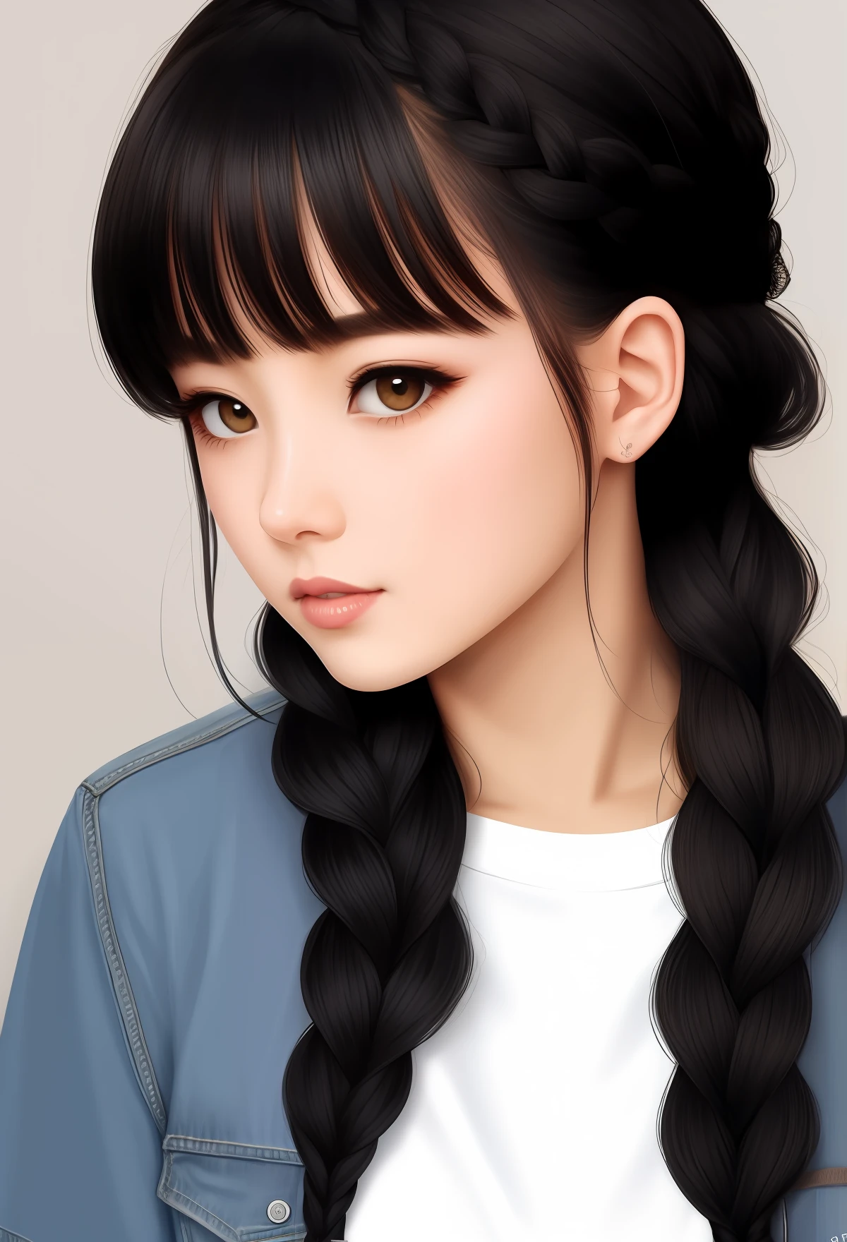 adolable，Double braid，black color hair，cartoony，sweet