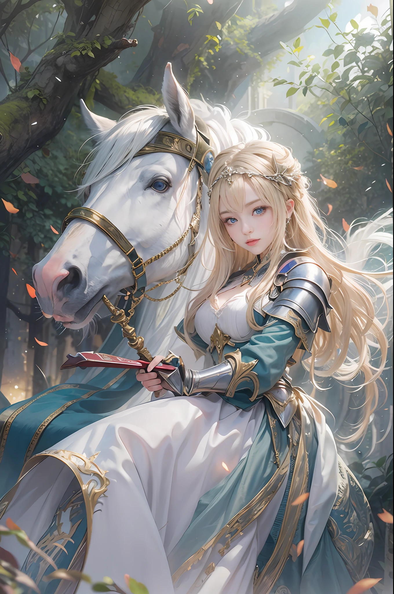 masterpiece, top-quality, One Young Woman Knight、Beautiful fece、Rin々Right、beautiful countenance、beautidful eyes、25-years old、((FULL BODYSHOT))、Hugging a girl、Silver Half Plate and Dress Armor、Gorgeous blonde、long、Blue eyes、thoughtful、White horse、magical fantasy、in isekai、chies、Medieval Europe、((FULL BODYSHOT))、Dynamic angles、