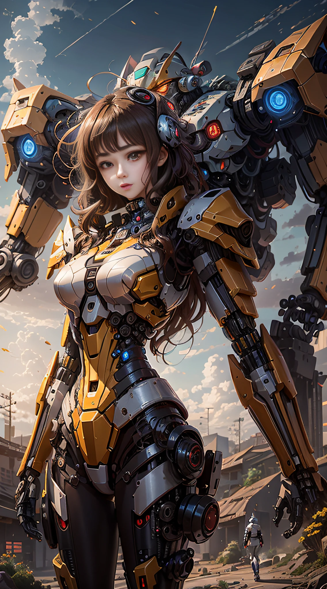 Anime girl in mecha suit, anime girl mecha, digital cyberpunk anime art, 8 k, mecha network armor girl, beautiful face, psychedelic details, (war area background)