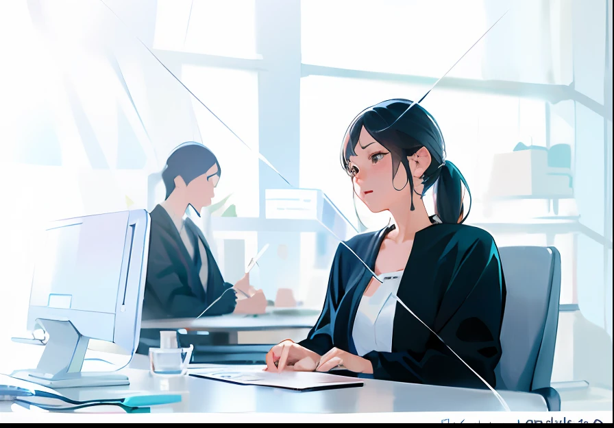 illustratio、Close up portrait of woman sitting at desk with computer, working in an office, People at work, Work hard, 奈良美智, Photo taken with Nikon D 7 5 0, F2. 0, Photograph Taken on Nikon D750, Working, F 1. 7, F1.7