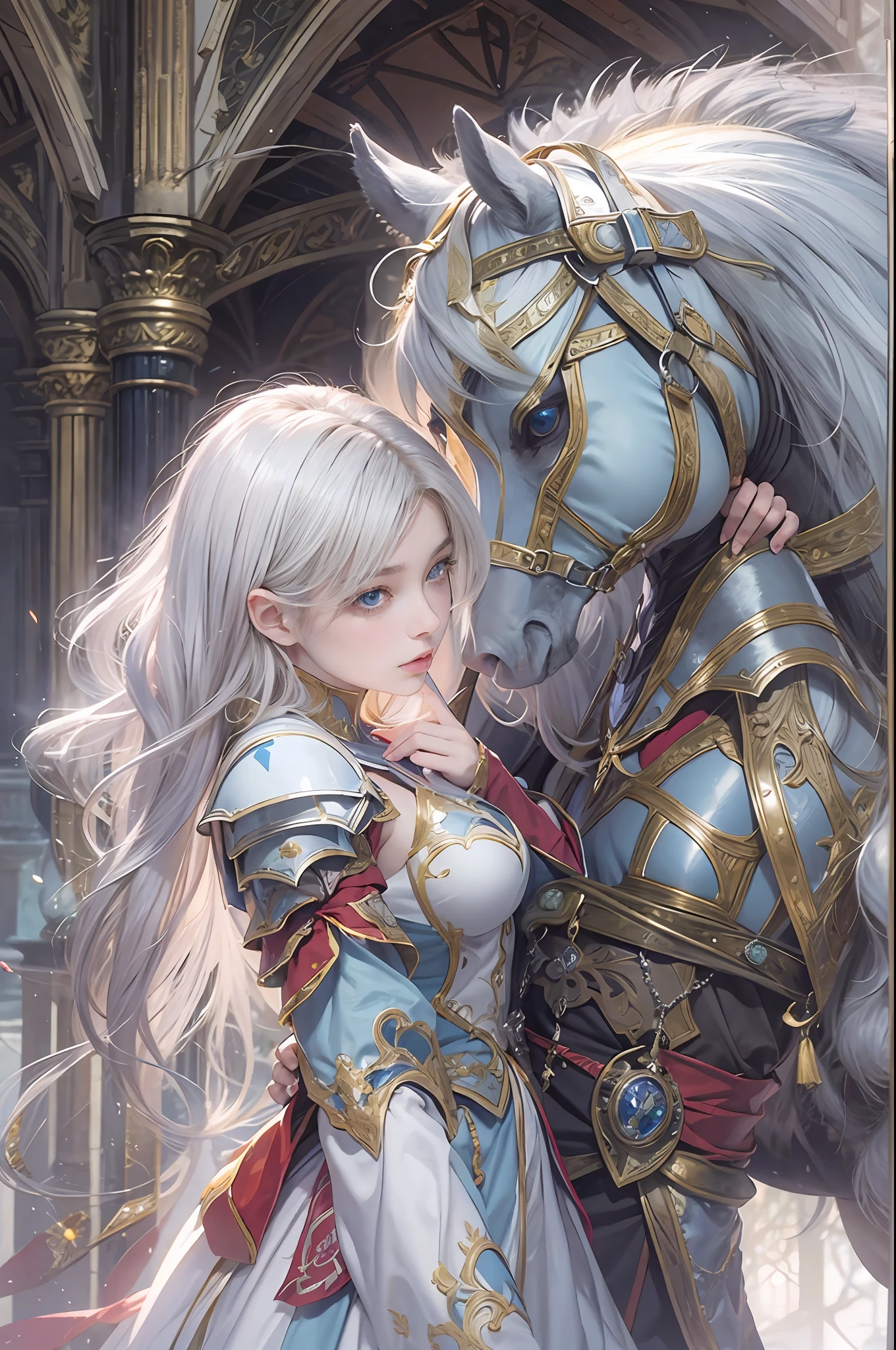 ​masterpiece, top-quality, One Young Woman Knight、Beautiful fece、Rin々Right、beautiful countenance、beautidful eyes、25-years old、((FULL BODYSHOT))、Hugging a girl、Silver Half Plate and Dress Armor、Gorgeous blonde、long、Blue eyes、thoughtful、White horse、magical fantasy、in isekai、chies、Medieval Europe、((FULL BODYSHOT))、Dynamic angles、