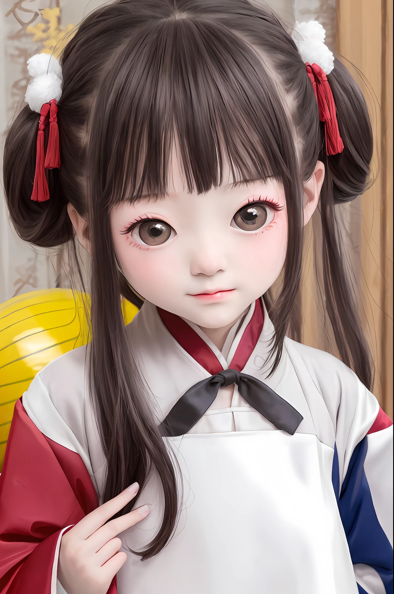 shuimobysim, Hanfu, Tricolor clothes，Girl child, White and tender skin，tmasterpiece, Best quality at best, Two ball heads，Naughty eyes，