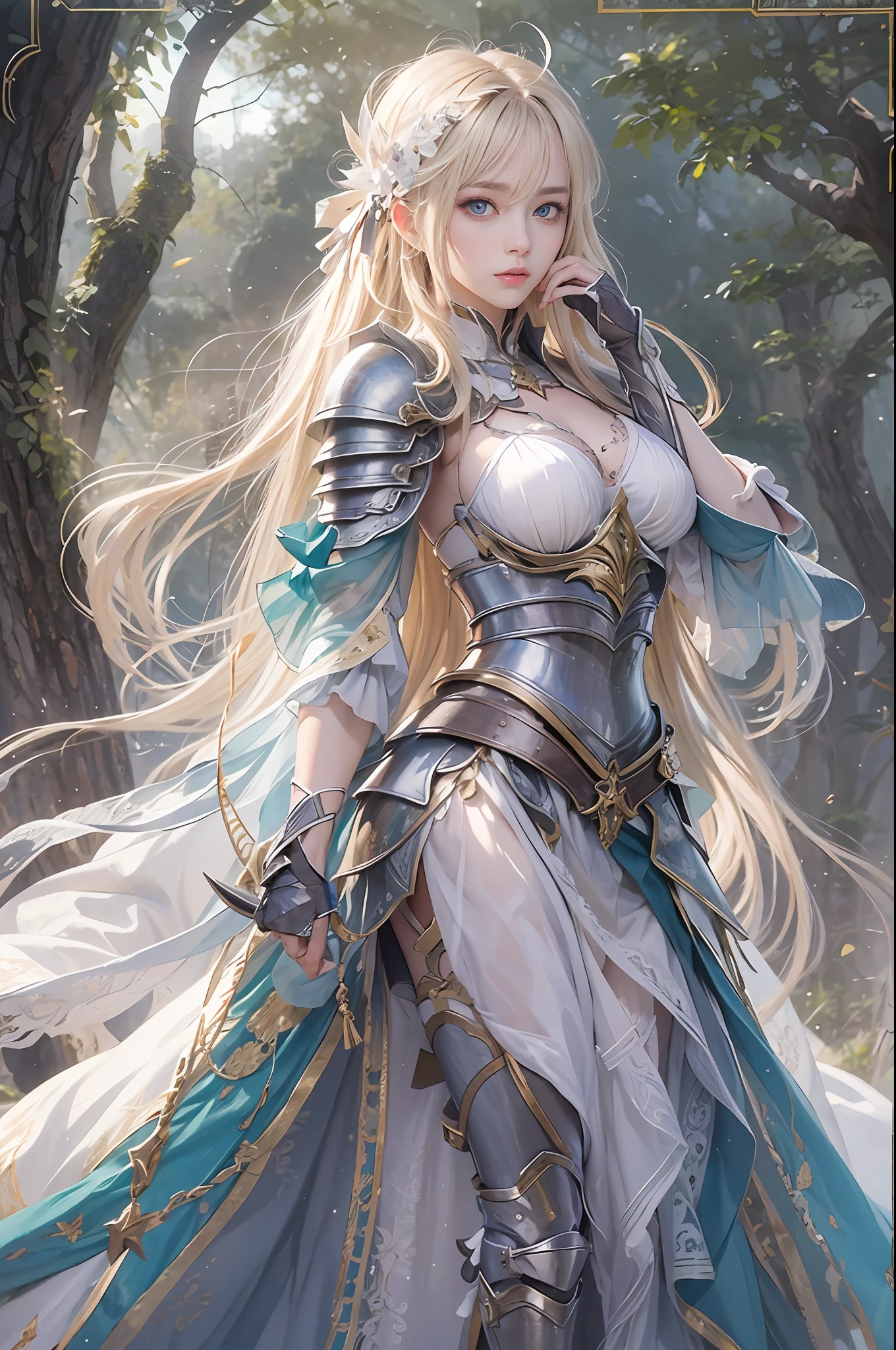masterpiece, top-quality, One Young Woman Knight、Beautiful fece、Rin々Right、beautiful countenance、beautidful eyes、25-years old、((FULL BODYSHOT))、Hugging a girl、Silver Half Plate and Dress Armor、Gorgeous blonde、long、Blue eyes、thoughtful、White horse、magical fantasy、in isekai、chies、Medieval Europe、((FULL BODYSHOT))、Dynamic angles、