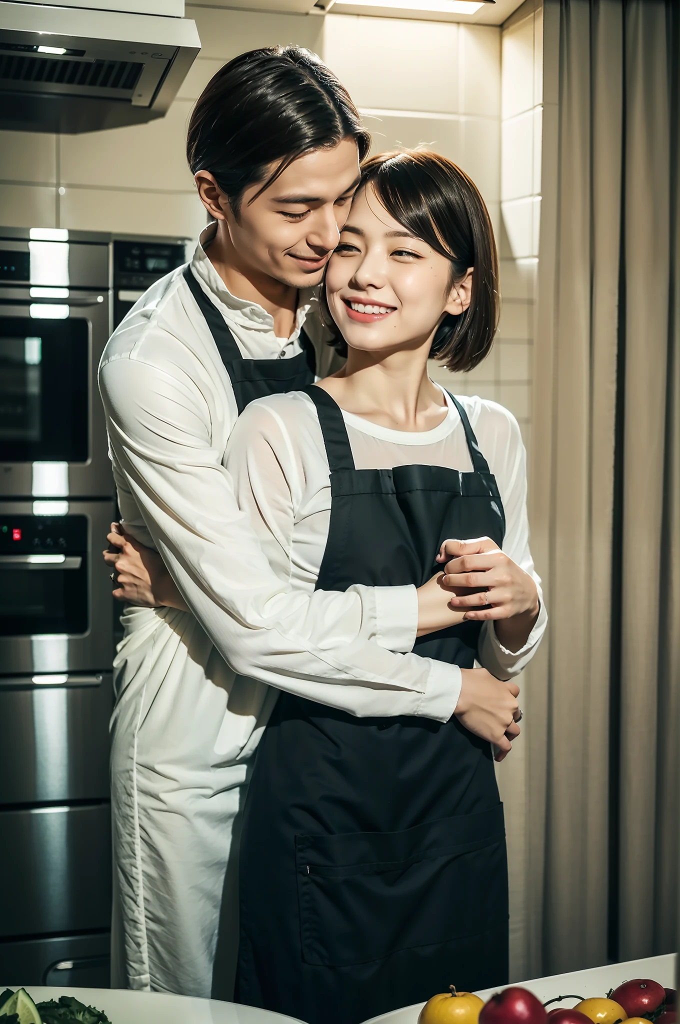 best qualtiy、masterpiece、fidelity:1.3、超A high resolution、(Photorealsitic:1.4)、Man and woman hugging each other in the kitchen(The woman is tall:1.5、Man is a boy)、1 Most Beautiful Mature Woman in Japan(Obscene big breasts:1.4、Wearing an apron、Bob Hair)、1 boy with a cute face(shortsleeves)The ultra -The high-definition