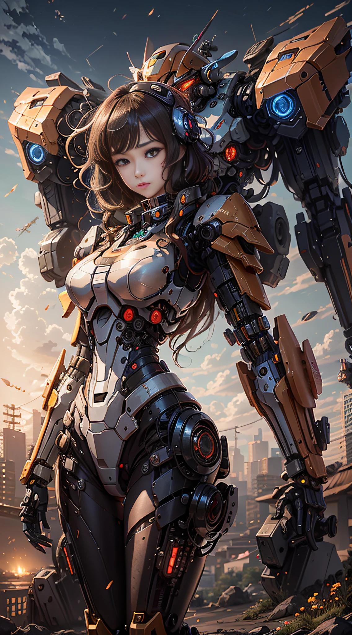 Anime girl in mecha suit, anime girl mecha, digital cyberpunk anime art, 8 k, mecha network armor girl, beautiful face, psychedelic details, (war area background)
