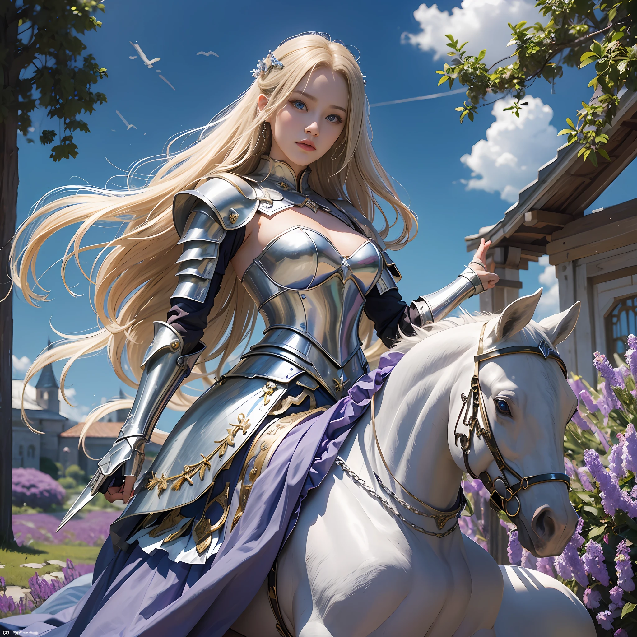 ​masterpiece, top-quality, One Young Woman Knight、Beautiful fece、Rin々Right、beautiful countenance、beautidful eyes、25-years old、((FULL BODYSHOT))、Silver Half Plate and Dress Armor、Gorgeous blonde、long、Blue eyes、thoughtful、White horse、magical fantasy、chies、Lavender fields、in isekai、Medieval Europe、((FULL BODYSHOT))、Dynamic angles、