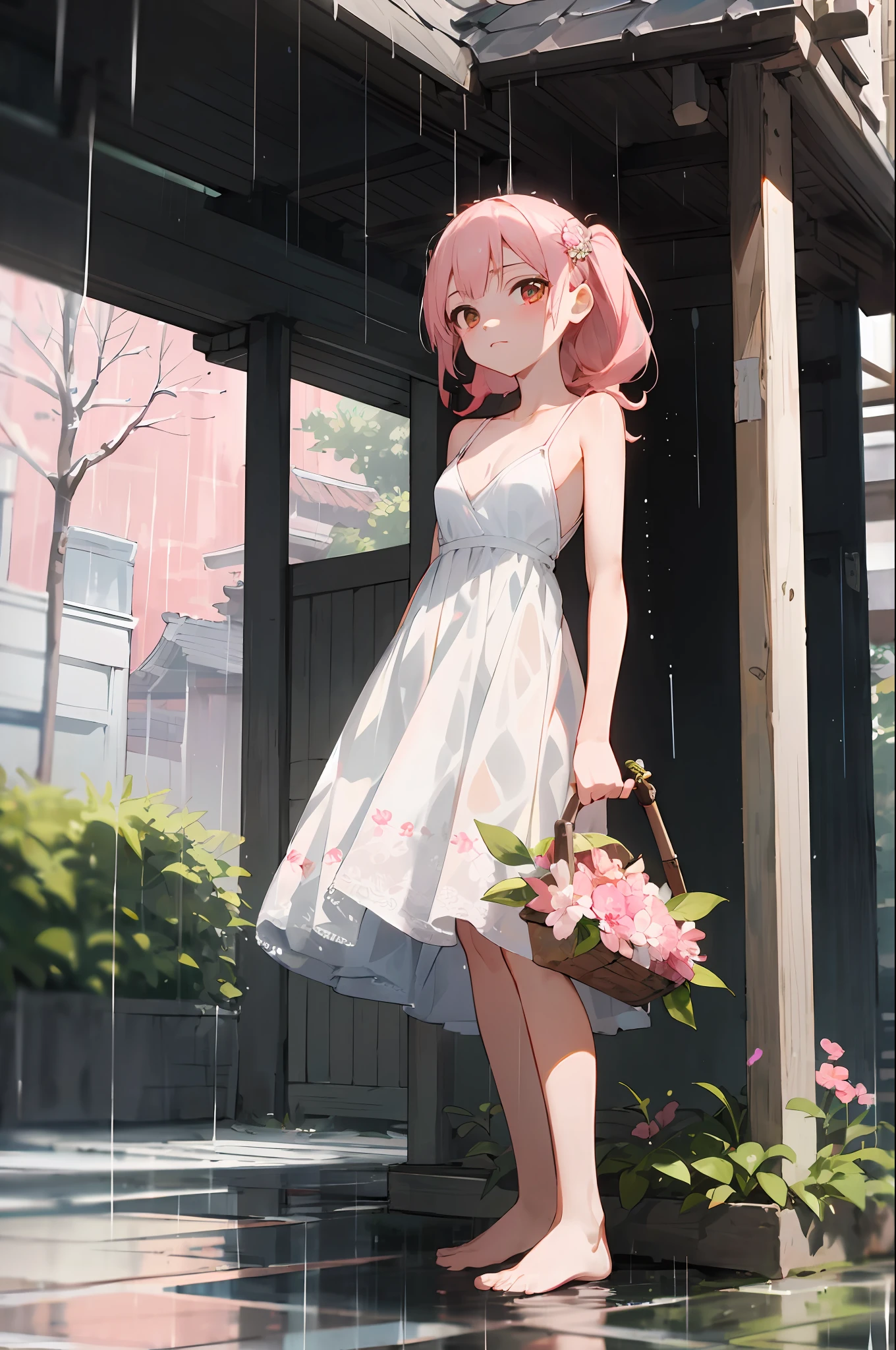 absurderes, hight resolution, ((masutepiece)), animesque、((Best Quality)), (Ultra-detailed), ((Extremely detailed)), (Beautiful), ((Kawaii Girl)), (Lori:1.8), 独奏,(Infant 10 years old:1.6)、Beautiful face, full body Esbian、White skin、Detailed red sky eyes、shiny long pale pink hair、Side hairbraids、Hair in the wind、Pure white cute floral dress、Pink floral hair ornament、Slender girl, (Small breasts:1.6)、BREAK、The upper part of the body、Gentle face、Ephemeral、(Very heavy rain:1.6)、Protect yourself from rain under the eaves of covered buildings、look up sky