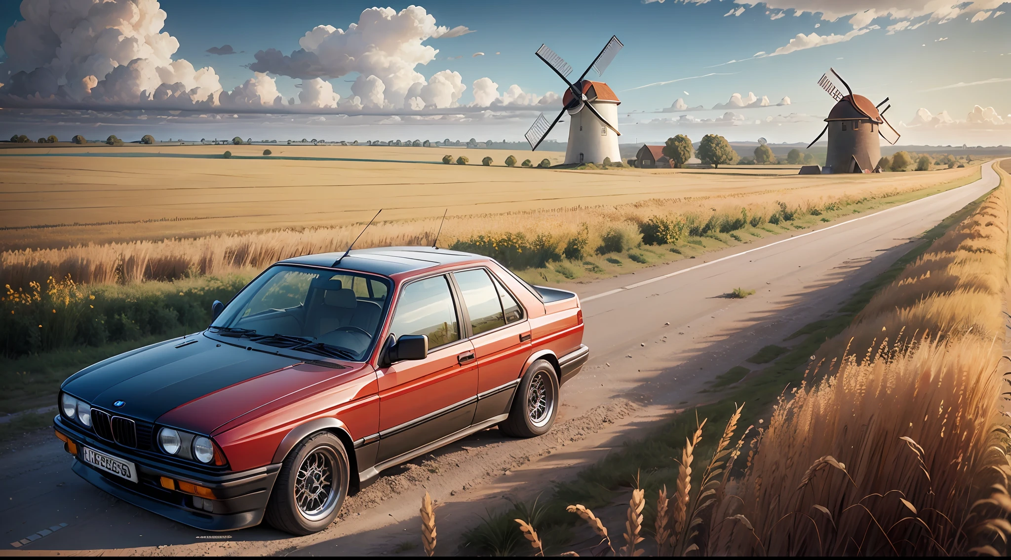 old red BMW e30 car, dirt road, wheat field, old windmill, sunny, clouds