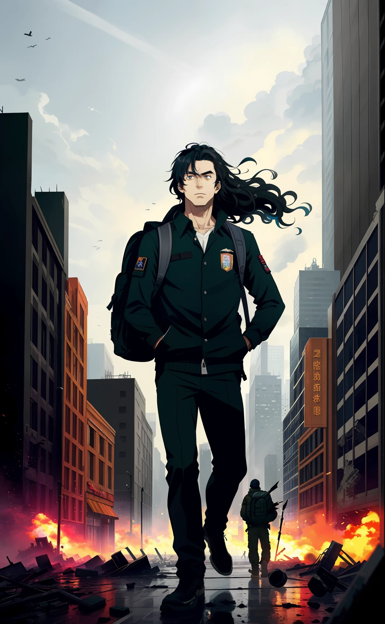 masterpiece, top quality, best quality, (1man),  man, young man, man of 16, extreme detailed, colorful,highest detailed, black hair, long hair, wavy hair, black eyes, big city, zombies around, backpack, wind, destroyed city, military clothing