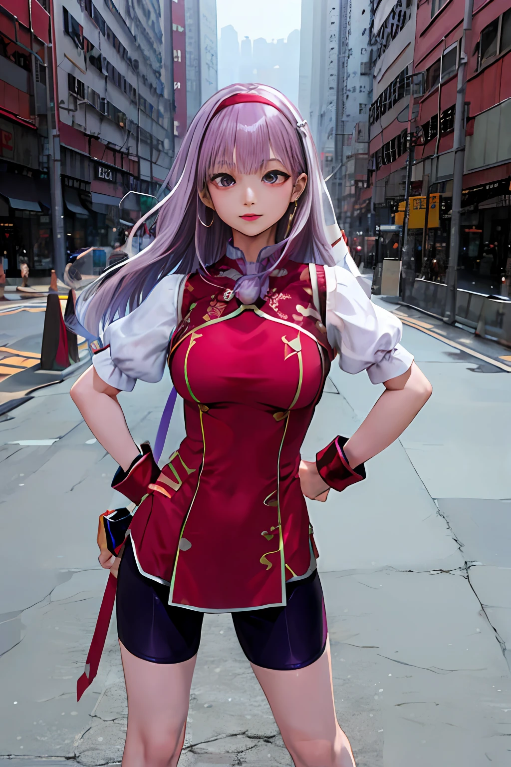 masterpiece, best quality, highres, 
1girl,solo,hongkong,street,hongkong street back ground, The most detailed background,
purple hair, long hair, hairband, long hair, earrings, 
medium breasts, 
necklace, bike shorts, red dress, puffy short sleeves, white sleeves, wristband, 
,hand on cheek,hand on hip,(standing:1.3),spread legs,upper body,from view,
hongkong,street,hongkong street back ground, The most detailed background,