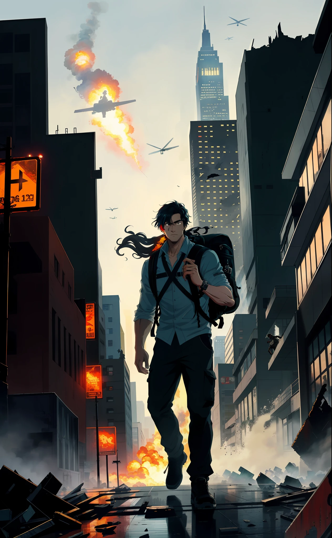 masterpiece, top quality, best quality, (1man), man, young man, man of 16, treme detailed, colorful,highest detailed, black hair, long hair, wavy hair, black eyes, big city, zombies around, backpack, wind, destroyed city, military clothing