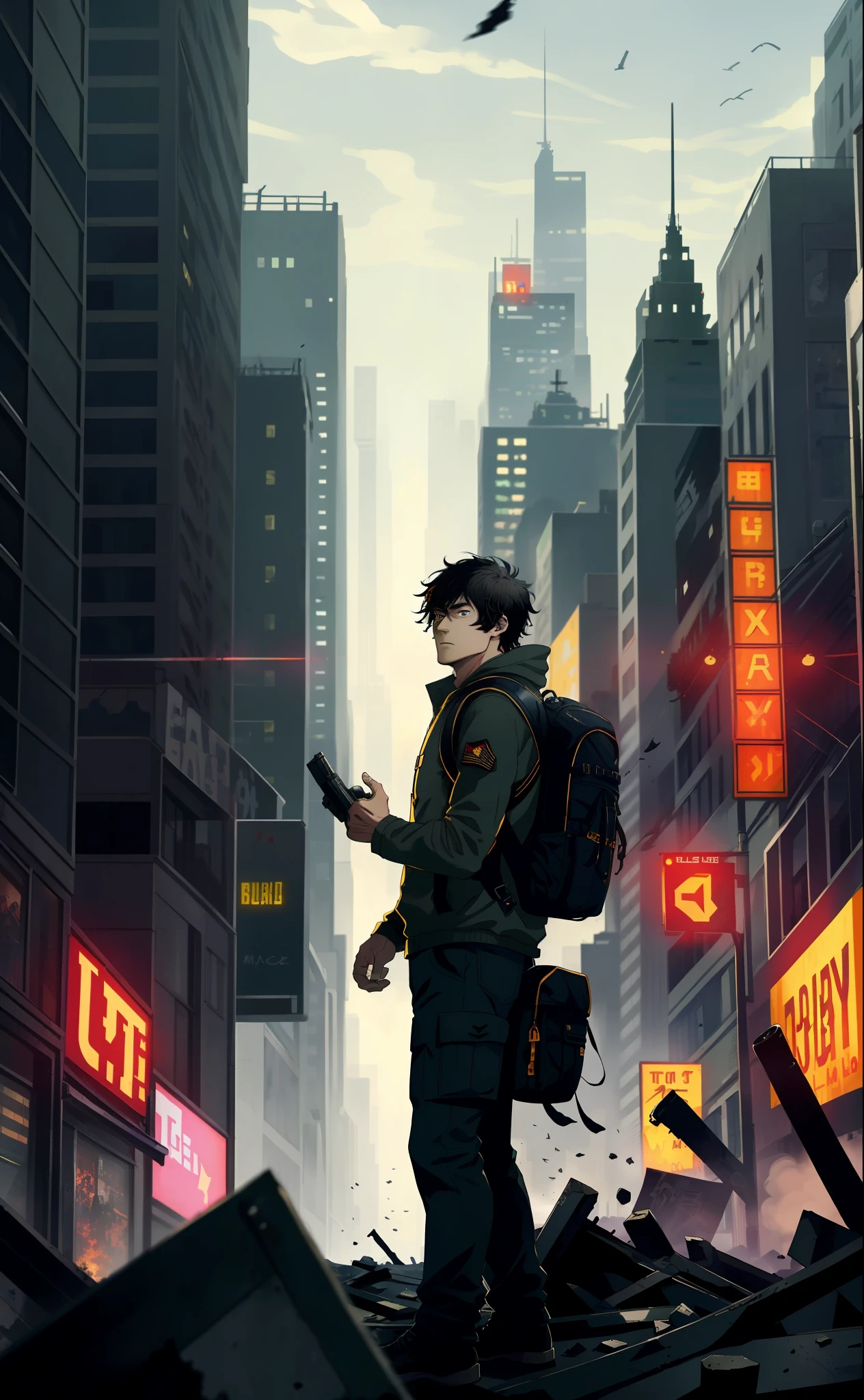 masterpiece, top quality, best quality, (1man), man, young man, man of 16, extreme detailed, colorful,highest detailed, black hair, long hair, wavy hair, black eyes, big city, zombies around, backpack, wind, destroyed city, military clothing