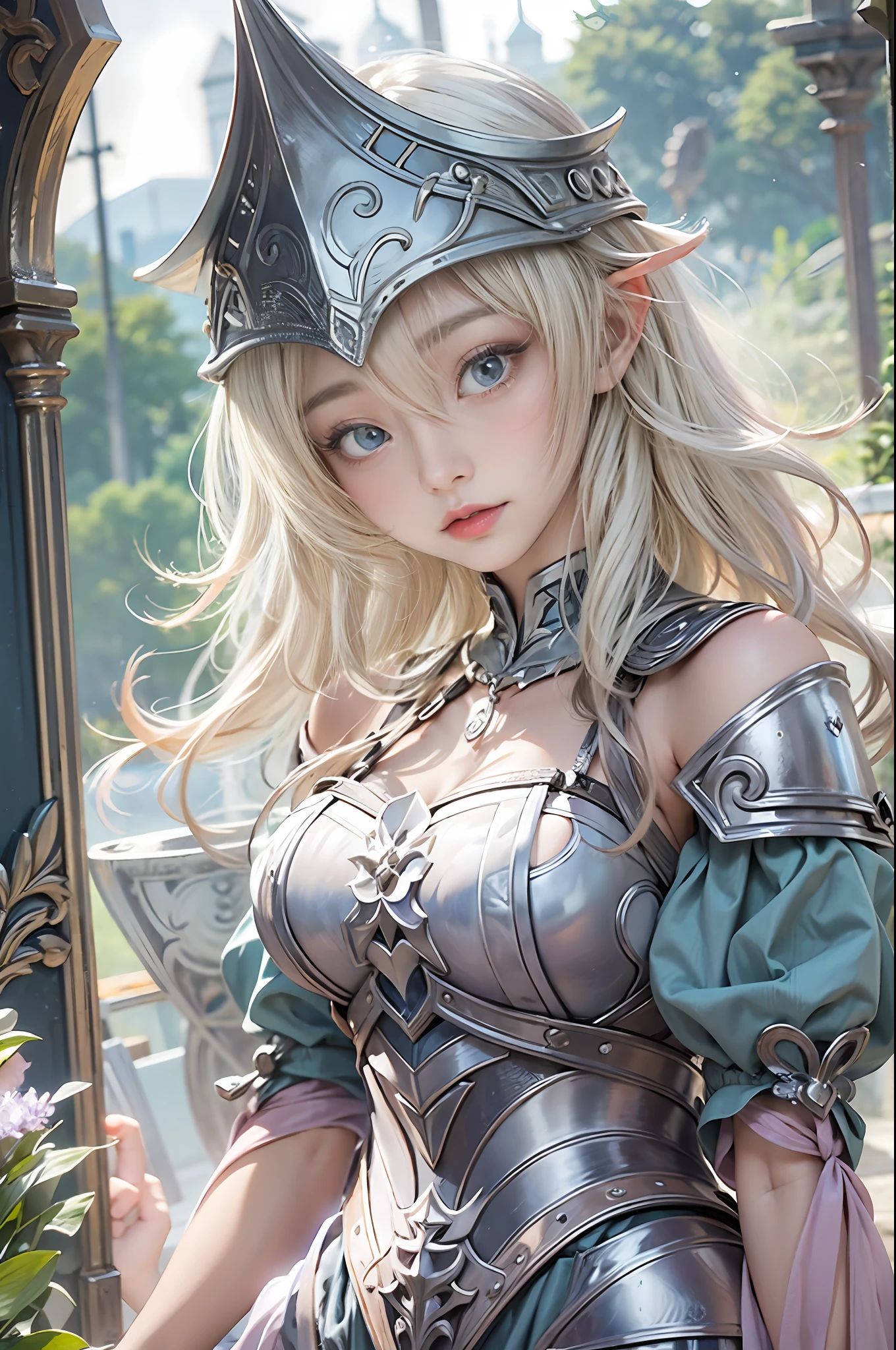 masterpiece, top-quality, One Young Woman Knight、Beautiful fece、Rin々Right、beautiful countenance、beautidful eyes、25-years old、((FULL BODYSHOT))、Silver Half Plate and Dress Armor、Gorgeous blonde、long、Blue eyes、thoughtful、magical fantasy、chies、Lavender fields、in isekai、Medieval Europe、((FULL BODYSHOT))、Dynamic angles、