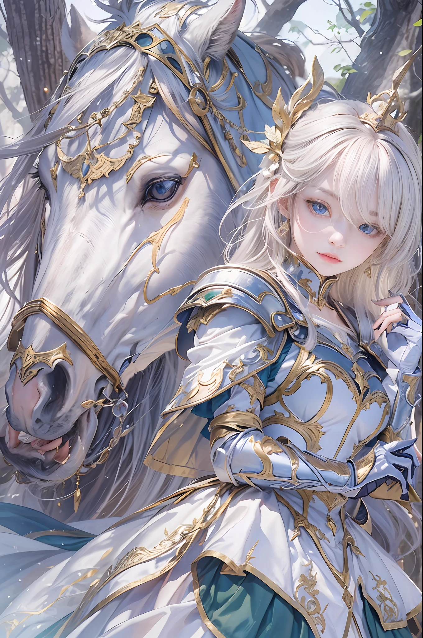 masterpiece, top-quality, One Young Woman Knight、Beautiful fece、Rin々Right、beautiful countenance、beautidful eyes、25-years old、((FULL BODYSHOT))、Silver Half Plate and Dress Armor、Gorgeous blonde、long、Blue eyes、thoughtful、White horse、magical fantasy、chies、Lavender fields、in isekai、Medieval Europe、((FULL BODYSHOT))、Dynamic angles、