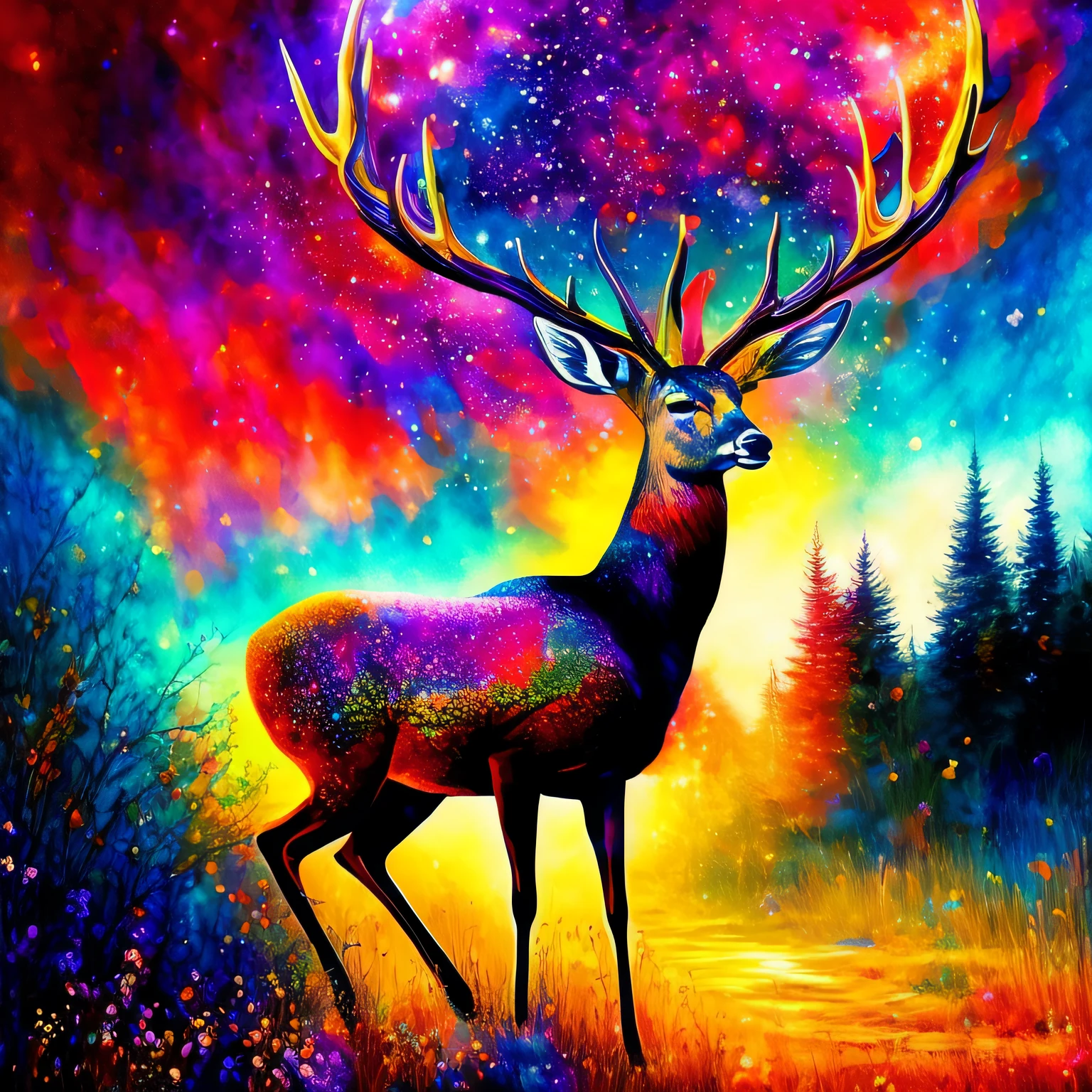 extremely colorful，Dreamy deer，Contre-Jour，kosmos --auto