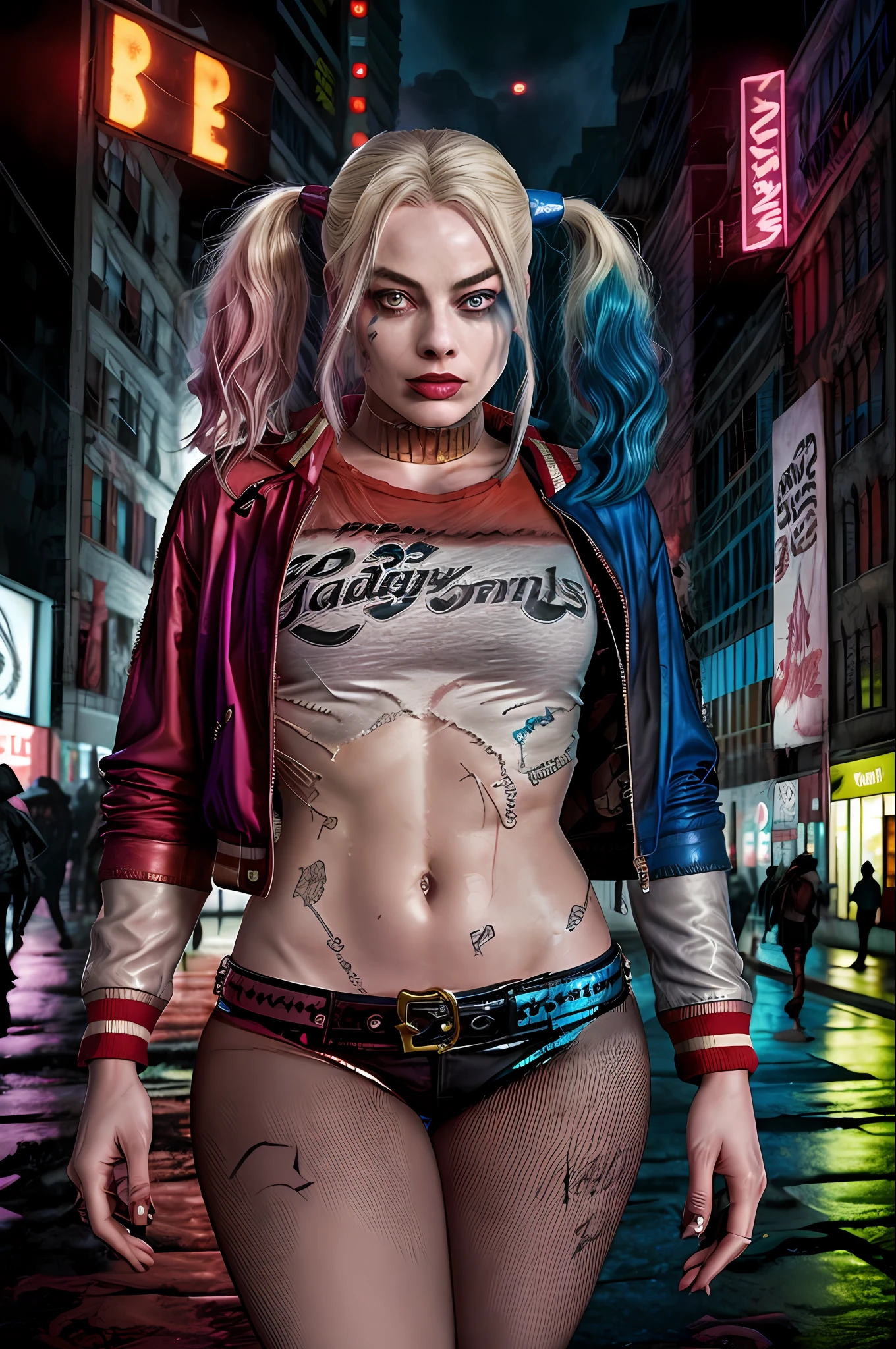 Margot Robbie, Harley Quinn, 20 years old, cyberpunk city backdrop, photography style, urban setting, neon lights, futuristic, edgy, punk fashion, multicolored hair, twintails, leather jacket, fishnet stockings, high heels, confident, powerful, vibrant colors, dramatic lighting, dynamic pose, cityscape, bustling streets, graffiti-covered walls, holographic billboards, street art, cybernetic enhancements, electric ambiance, rain-soaked streets, reflections, neon glow, intense shadows, misty atmosphere, detailed background, urban life, chaotic, raw energy, expressive face, immersive environment, night scene, cinematic photography, high resolution, ultra-detailed, by Annie Leibovitz and JR, Vogue