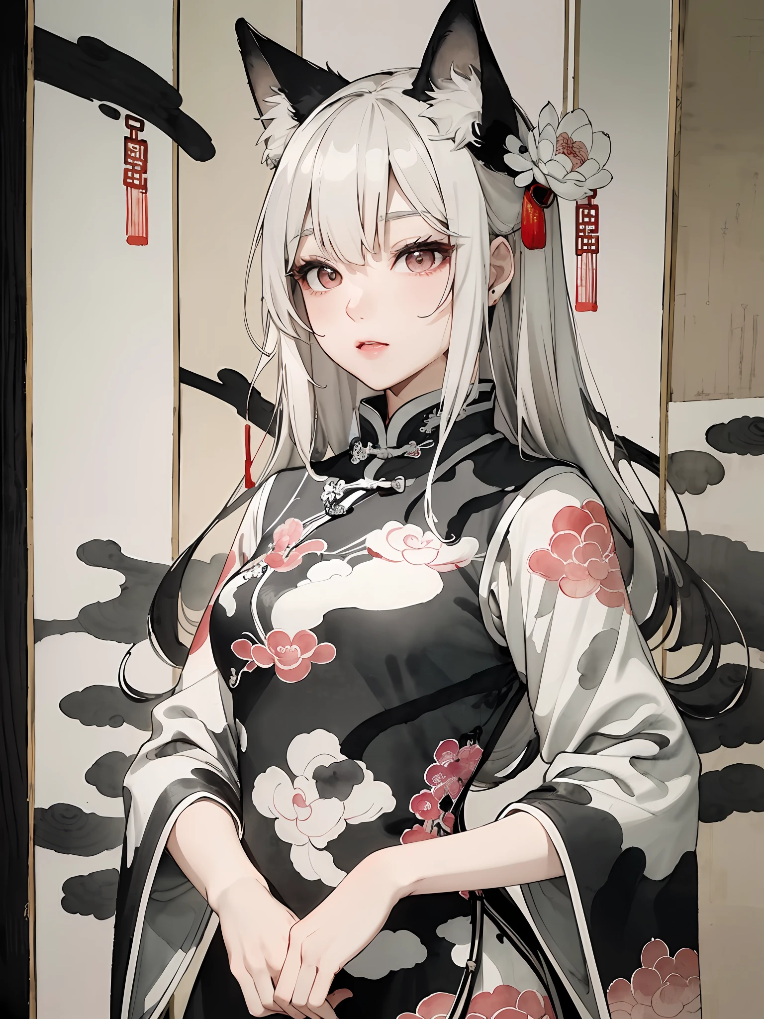 ((4K、masterpiece、top-quality))、((Traditional Chinese Ink Painting:1.4)),lotuses,((qipao dress:1.3)),Dress conservatively ,独奏、white hair、fox ear、blanche、AngelT、looking at viewert