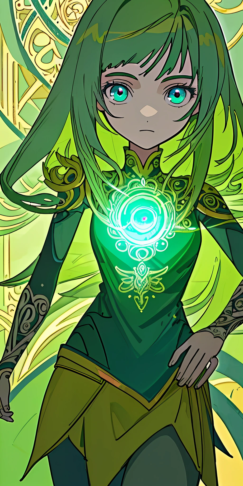 ((Masterpiece,Ultra-detailed, Intricate details, mid quality,illustration)),1girll,Standing drawings of characters,Face it head-on,Green hair,M bangs,anime figure,16 yaers old,sorceress woman,magical ,A tranquil,face expressionless,eye glass,full bodyesbian,Pixiv is highly rated