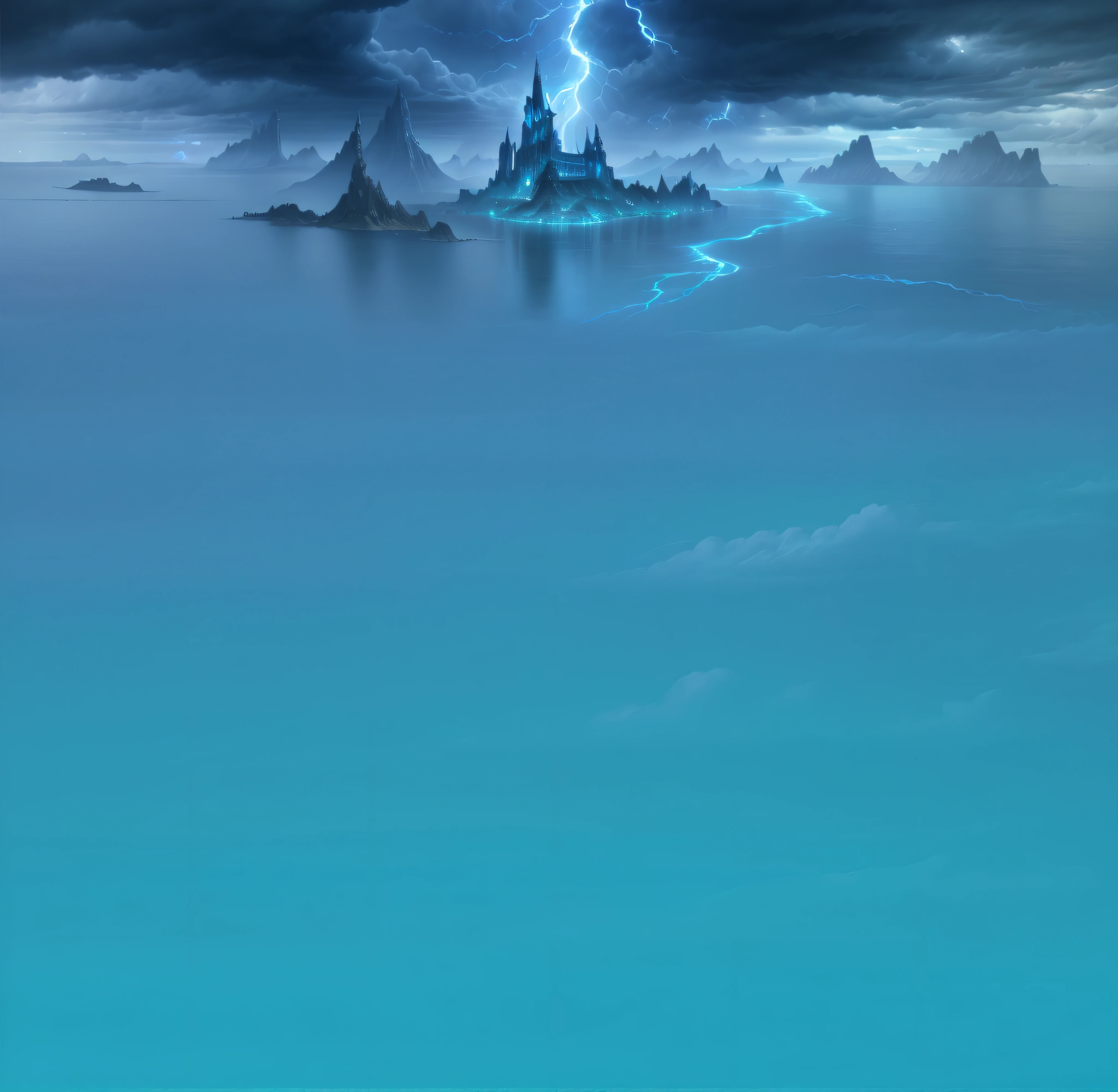 There is a picture of lightning in the sky, Island background, atlantis background, sea level,skylines, dark stormy clouds,There is a bolt of lightning in the middle,The Land of Evil,fantasy sea landscape, Storm background, Detailed background,Gao Qing,Epic quality