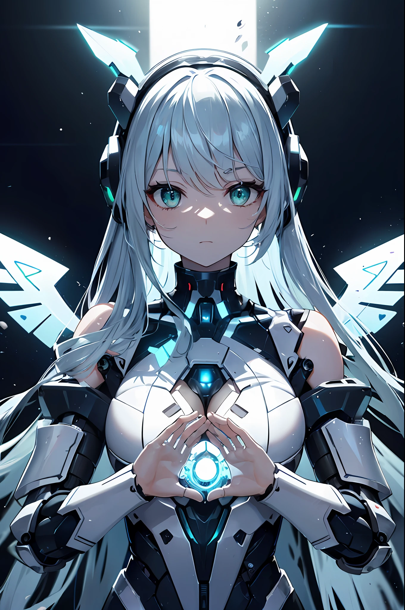 top quality, Masterpiece, fine detail, ultra precision, very delicate 8k wallpaper, robot girl, (long blue hair), (white mechanical armor), (green eyes), (machine sharp headgear), (Mechanical wings attached to shoulders), The glowing core in the middle of my chest, (mechanical joints), (five fingers, 4fingers and 1thumb),