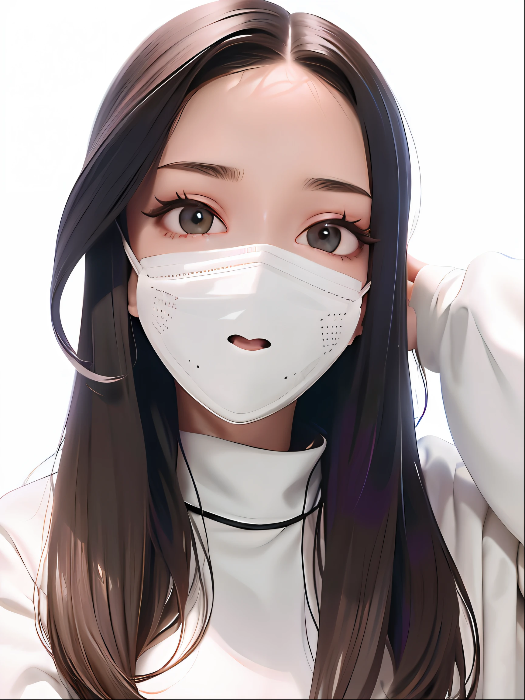 Need,tmasterpiece,brunette color hair,Black eyes,Manteau blanc,head straight-looking at viewer,The upper part of the body,Hairline,Fair skin,mouth mask,Without background,gradient backgrounds,(The eye:1.3)