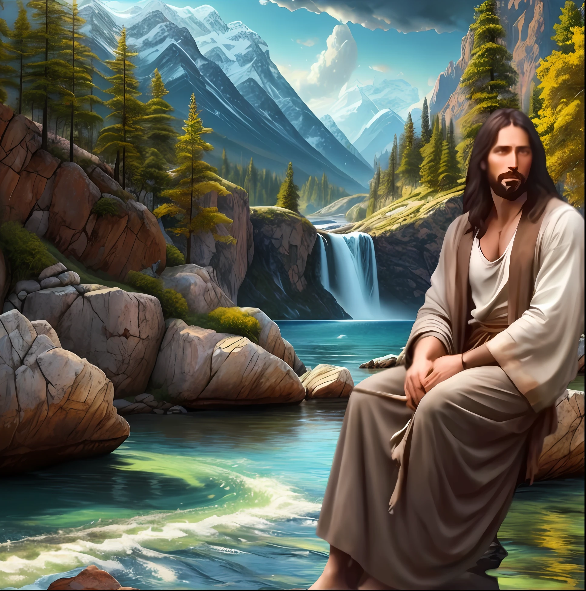 Jesus sentado em uma rocha em frente a uma cachoeira, vendo o nascer do sol,  Greg Olsen, Jesus Cristo, Jesus, Jesus walking on water, ( ( Thomas Kinkade ) ), (((Thomas Kinkade))), darrell k doce, sua mente contemplando a eternidade, Inspirado em Mark Keathley, Thomas Kinkade CFG _ Escala 9, Kent Monge, Deus da Natureza