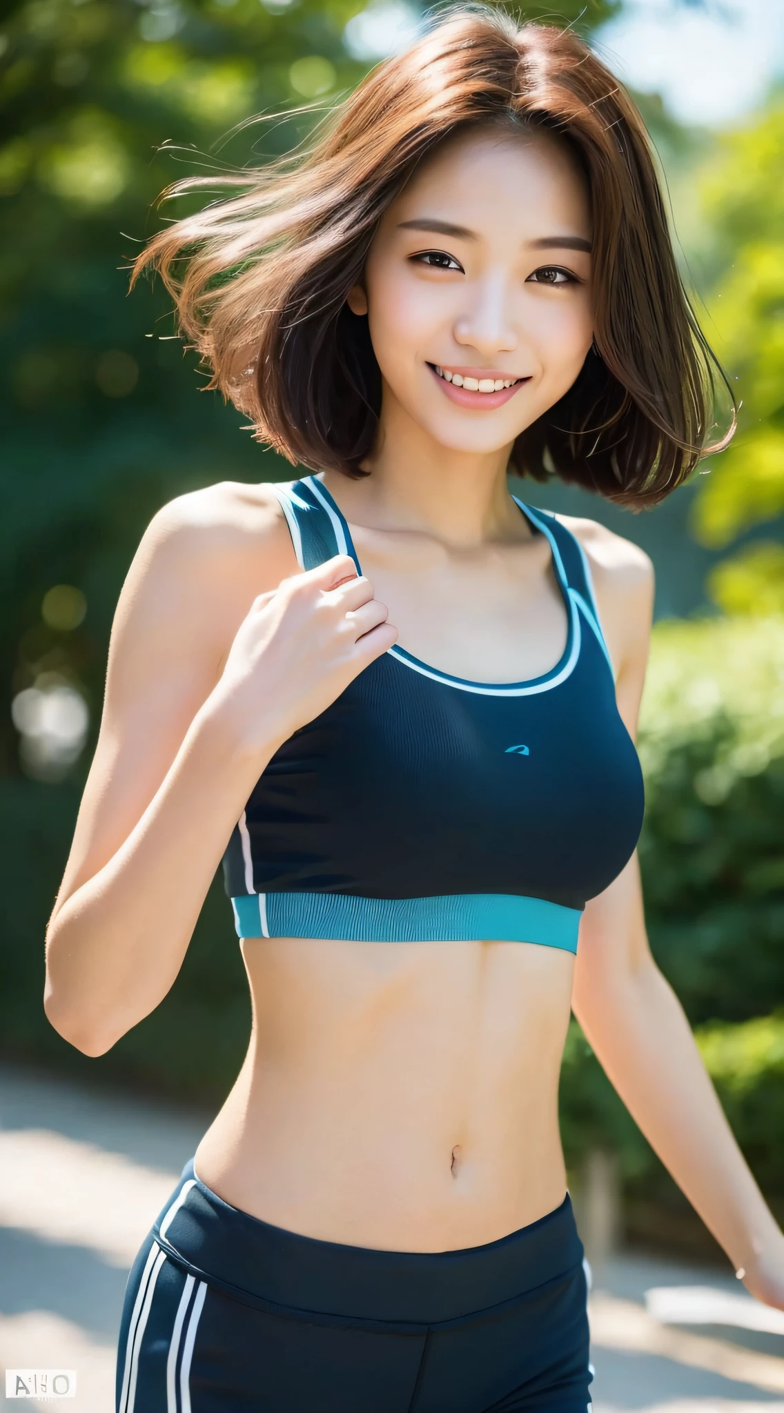 ((Top Quality, 8k, Masterpiece: 1.3)), Sharp Focus: 1.2, Perfect Body Shape Pretty Woman: 1.4, Slender Abs: 1.2, (Layered Haircut, Big: 1.8), (Sports Bra: 2.0), (Jogging: 1.8), (Street: 1.2), Highly Detailed Face and Skin Texture, Detailed Eyes, Double Eyelids, Smile, Bokeh,