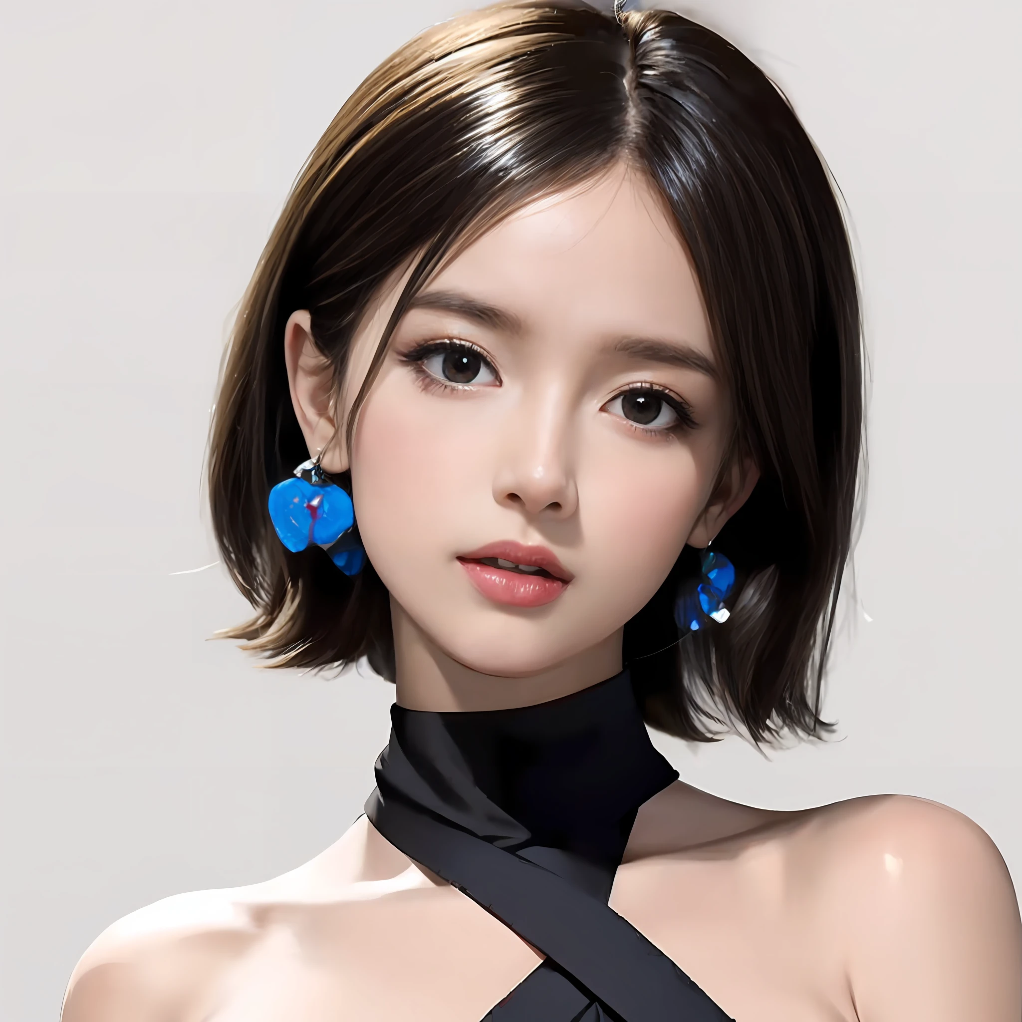 Close up of a woman in a black dress and blue earrings,3D anime style,realistic anime artstyle,Stunning anime face portrait,Realistic young anime girl,Realistic cute girl painting,photorealistic anime girl rendering,3 d anime realistic,Realistic anime art style,Digital anime style,Korean girls。