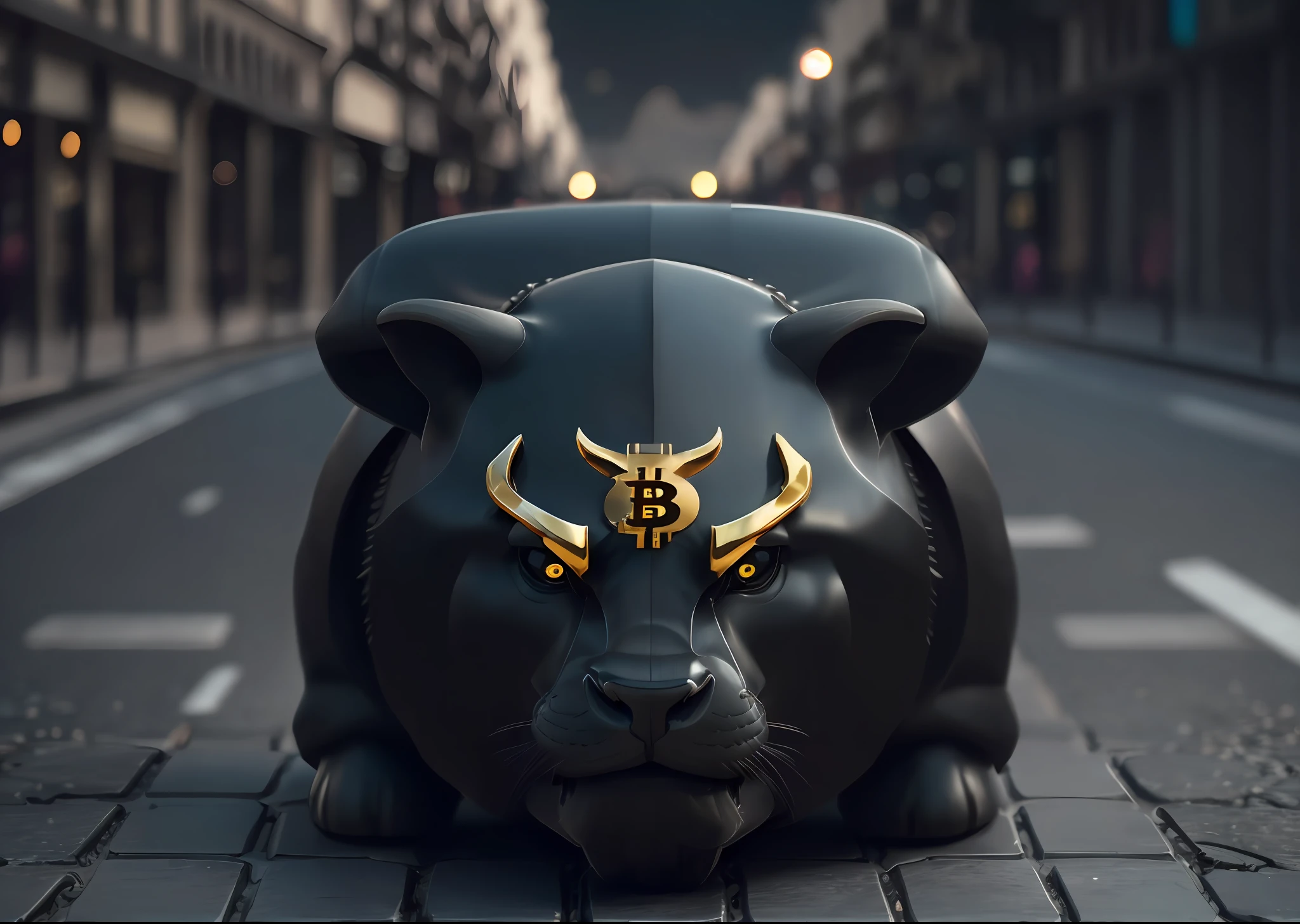 Crie um touro musculoso, preto nas ruas de Paris, com colar de bitcoin. 3D ultra realista, Cinematic photo --auto --s2