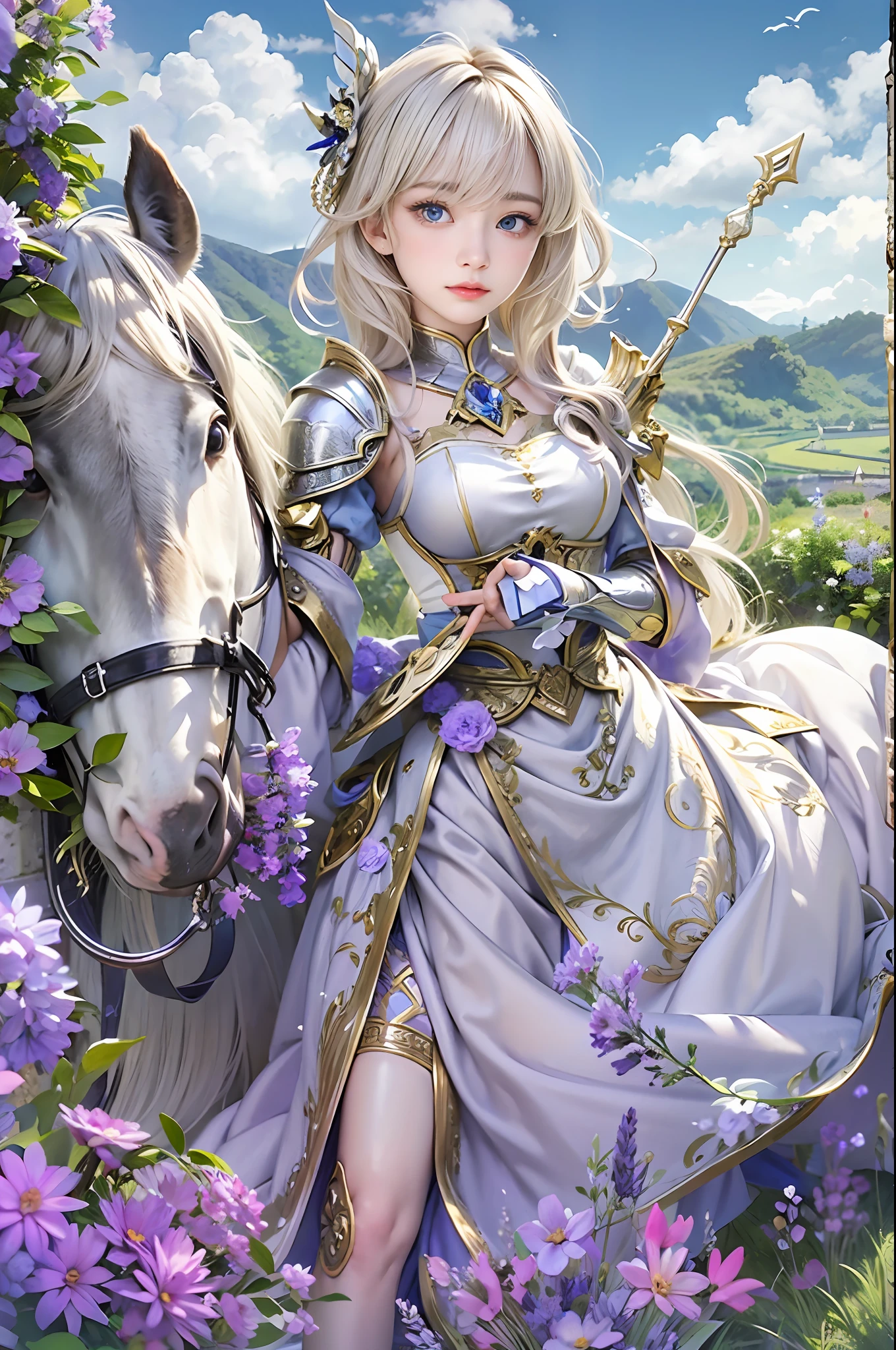 masterpiece, top-quality, One Young Woman Knight、Beautiful fece、Rin々Right、beautiful countenance、beautidful eyes、25-years old、((FULL BODYSHOT))、Silver Half Plate and Dress Armor、Gorgeous blonde、long、Blue eyes、thoughtful、White horse、magical fantasy、chies、Lavender fields、in isekai、Medieval Europe、((FULL BODYSHOT))、Dynamic angles、
