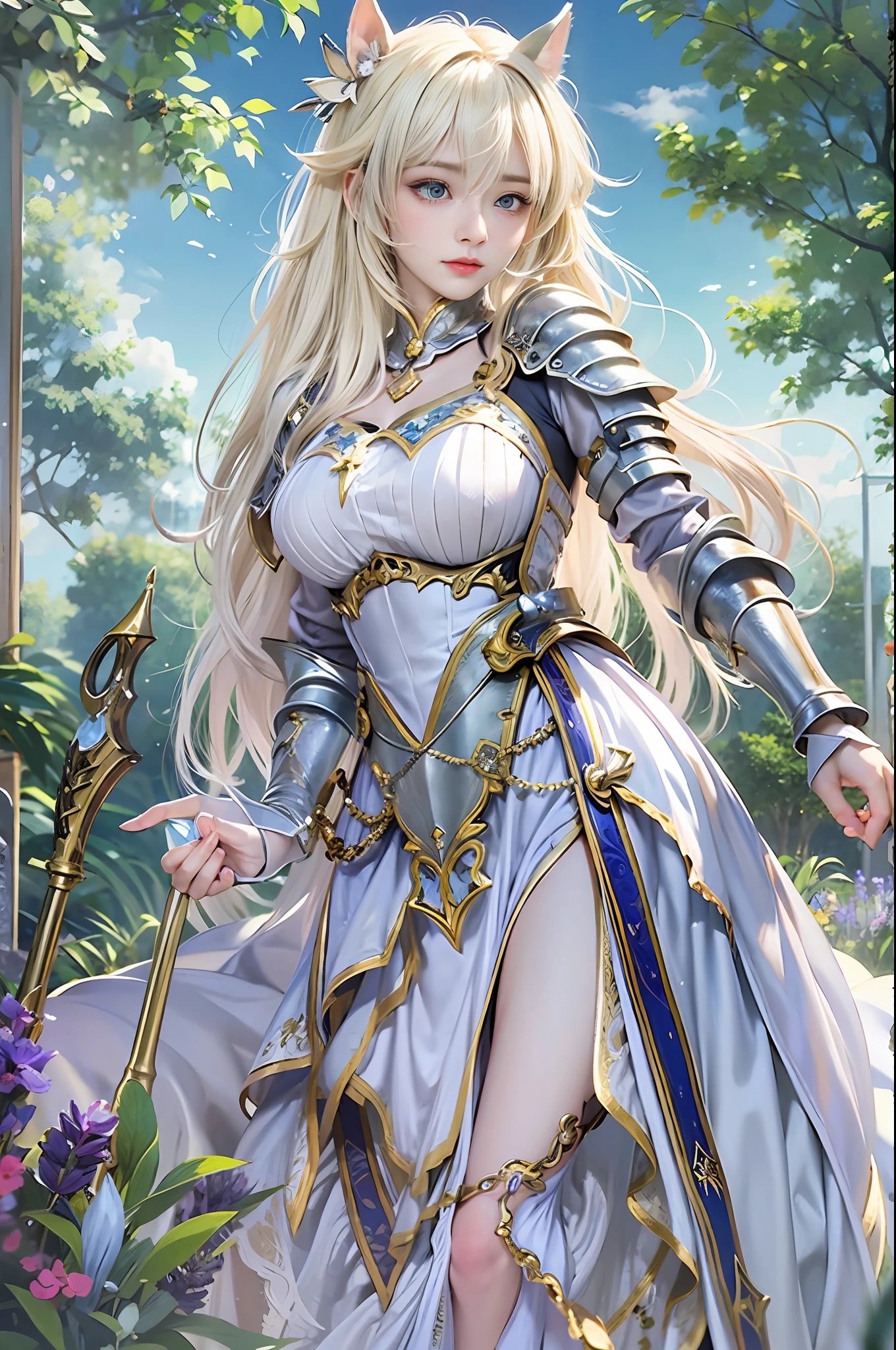 masterpiece, top-quality, One Young Woman Knight、Beautiful fece、Rin々Right、beautiful countenance、beautidful eyes、25-years old、((FULL BODYSHOT))、Silver Half Plate and Dress Armor、Gorgeous blonde、long、Blue eyes、thoughtful、White horse、magical fantasy、chies、Lavender fields、in isekai、Medieval Europe、((FULL BODYSHOT))、Dynamic angles、