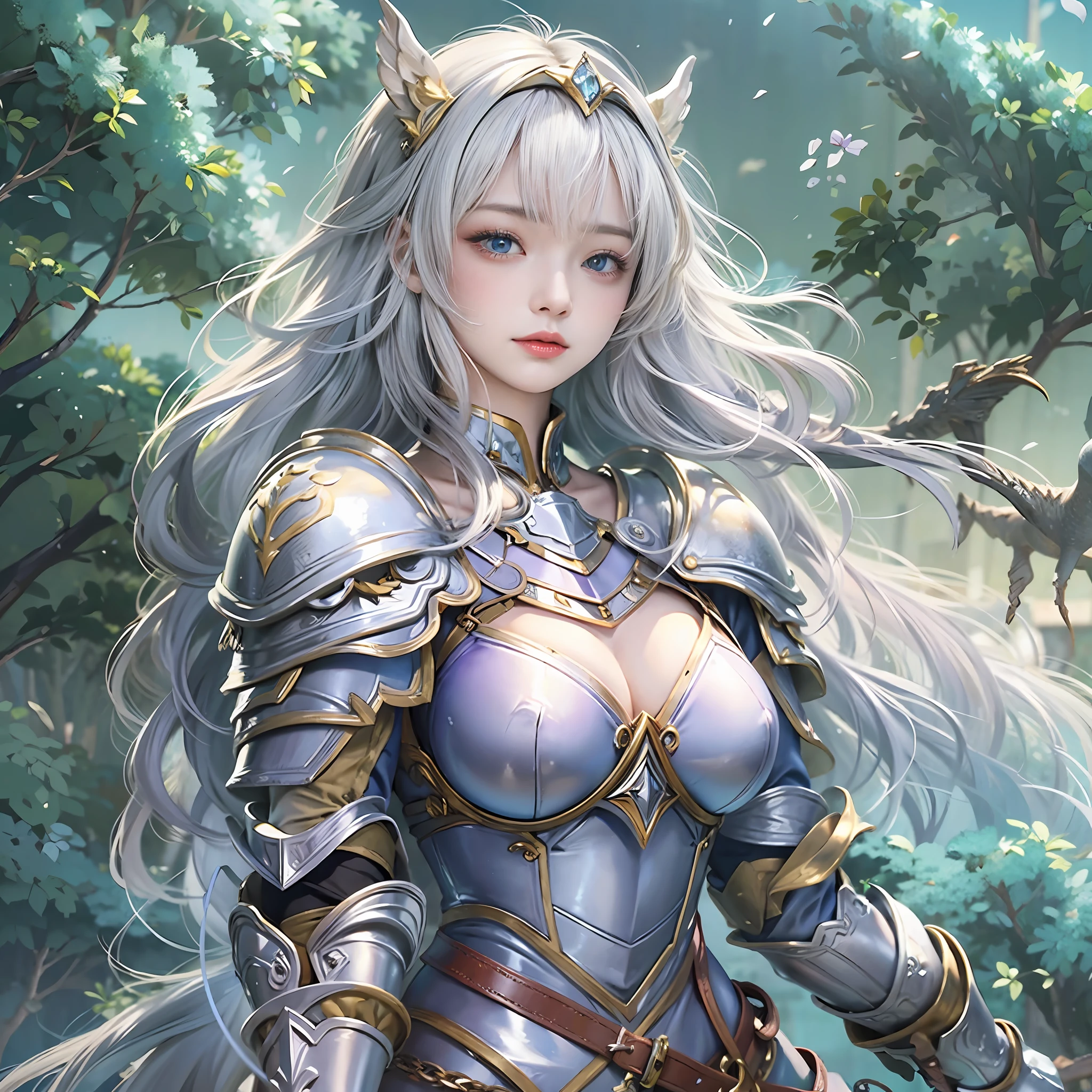 masterpiece, top-quality, One Young Woman Knight、Beautiful fece、Rin々Right、beautiful countenance、beautidful eyes、25-years old、((FULL BODYSHOT))、Silver Half Plate and Dress Armor、Gorgeous blonde、long、Blue eyes、thoughtful、White horse、magical fantasy、chies、Lavender fields、in isekai、Medieval Europe、((FULL BODYSHOT))、Dynamic angles、