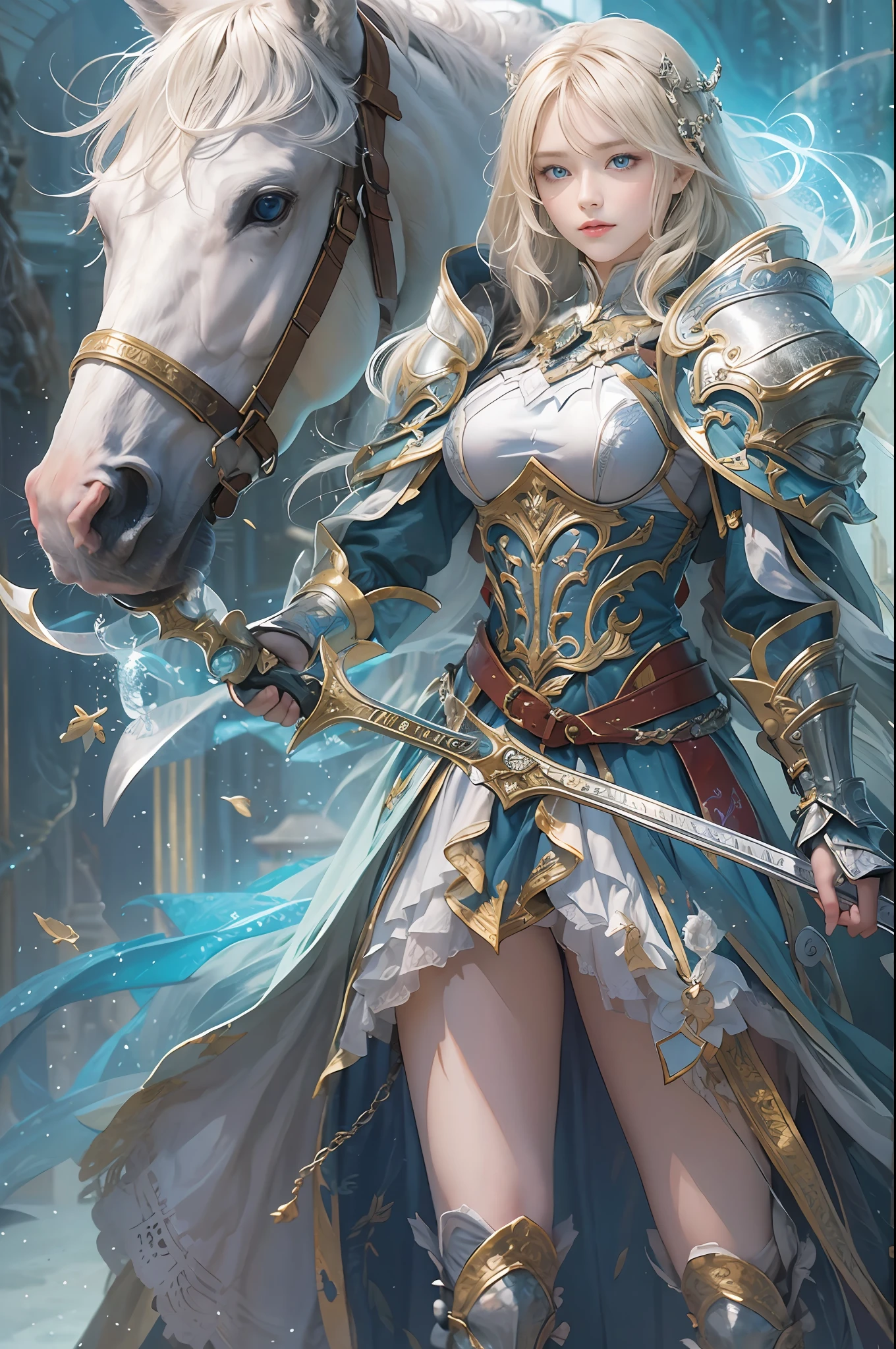 masterpiece, top-quality, One Young Woman Knight、Beautiful fece、Rin々Right、beautiful countenance、beautidful eyes、25-years old、((FULL BODYSHOT))、Silver Half Plate and Dress Armor、Gorgeous blonde、long、Blue eyes、thoughtful、White horse、magical fantasy、in isekai、chies、Medieval Europe、((FULL BODYSHOT))、Dynamic angles、