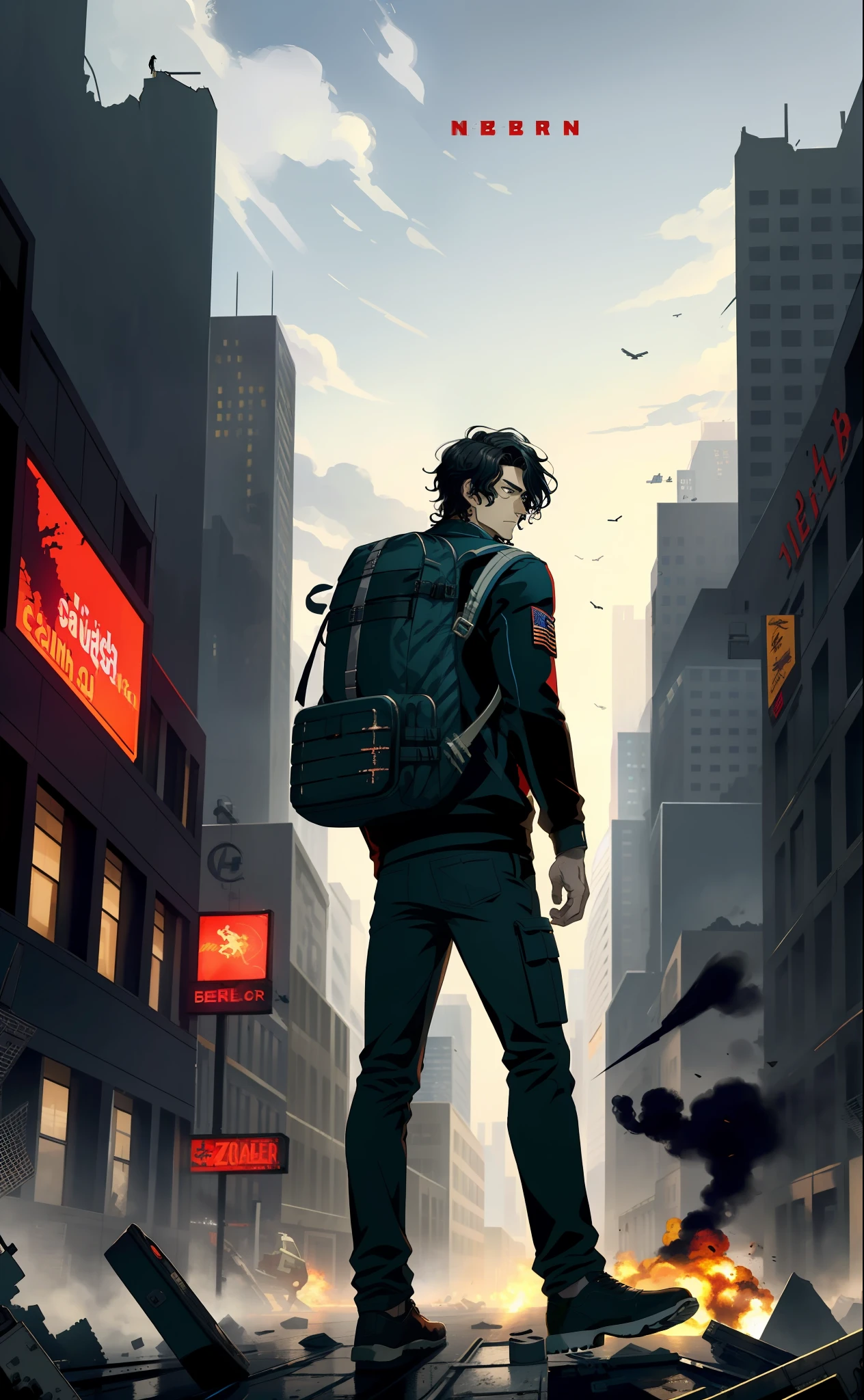 masterpiece, top quality, best quality, (1man), teen man, young man, man of 16, extreme detailed, colorful,highest detailed, black hair, long hair, wavy hair, black eyes, big city, zombies around, backpack, wind, destroyed city, military clothing