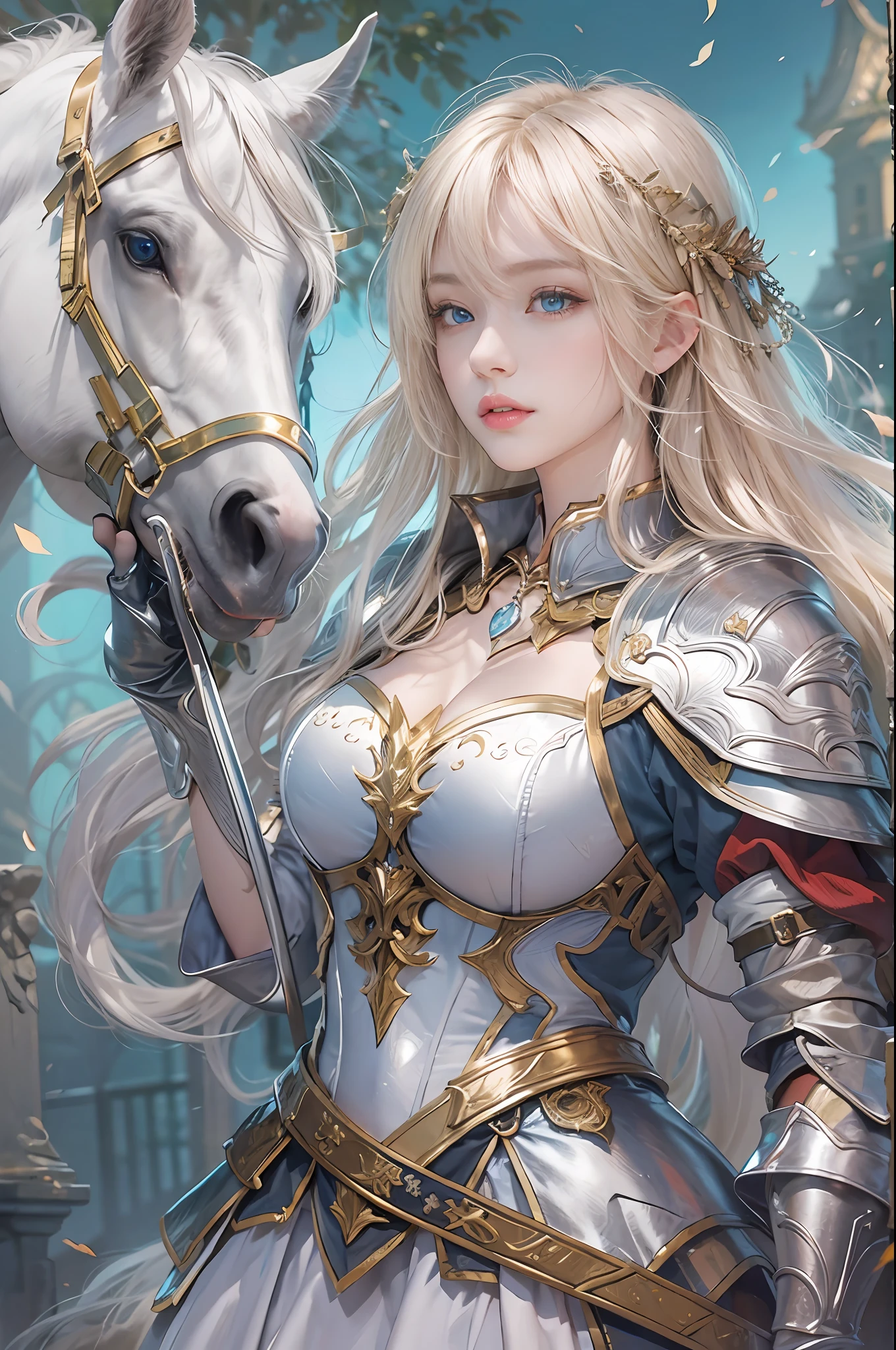 masterpiece, top-quality, One Young Woman Knight、Beautiful fece、Rin々Right、beautiful countenance、beautidful eyes、25-years old、((FULL BODYSHOT))、Silver Half Plate and Dress Armor、Gorgeous blonde、long、Blue eyes、thoughtful、White horse、magical fantasy、in isekai、chies、Medieval Europe、((FULL BODYSHOT))、Dynamic angles、