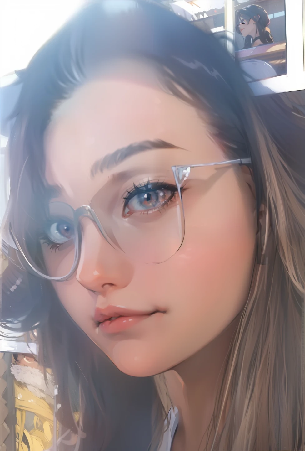 anime girl, brown skin, long hair, wavy black hair, brown eyes, seductive smirk, 18 year old, , chubby, plump cheeks, glasses