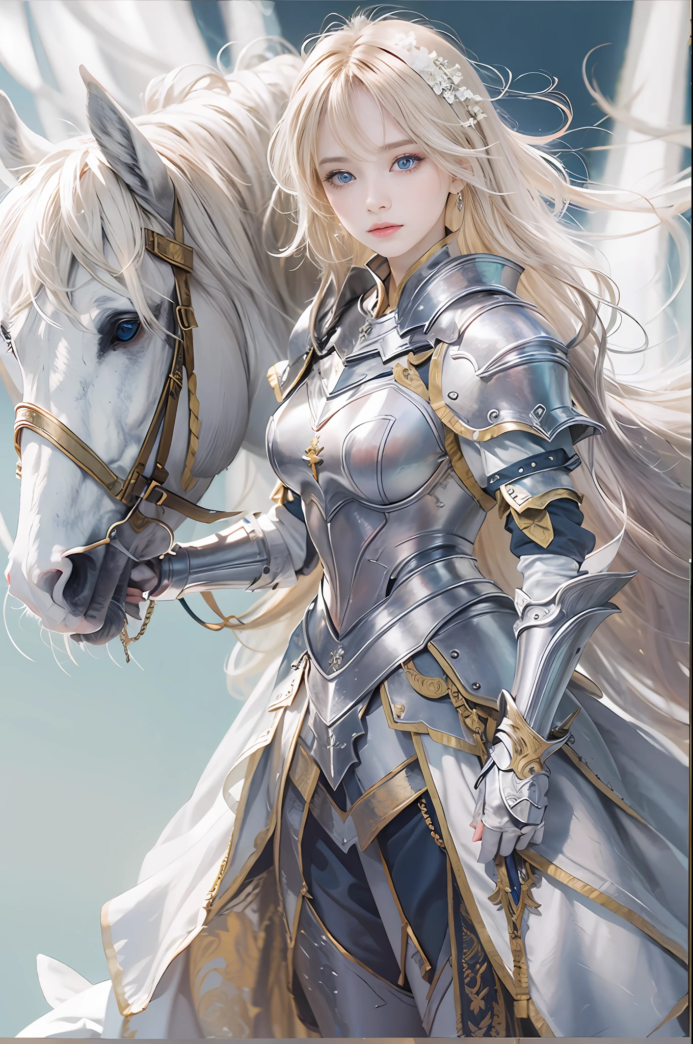 masterpiece, top-quality, One Young Woman Knight、Beautiful fece、Rin々Right、beautiful countenance、beautidful eyes、25-years old、((FULL BODYSHOT))、Silver Half Plate and Dress Armor、Gorgeous blonde、long、Blue eyes、thoughtful、White horse、magical fantasy、in isekai、chies、Medieval Europe、((FULL BODYSHOT))、Dynamic angles、