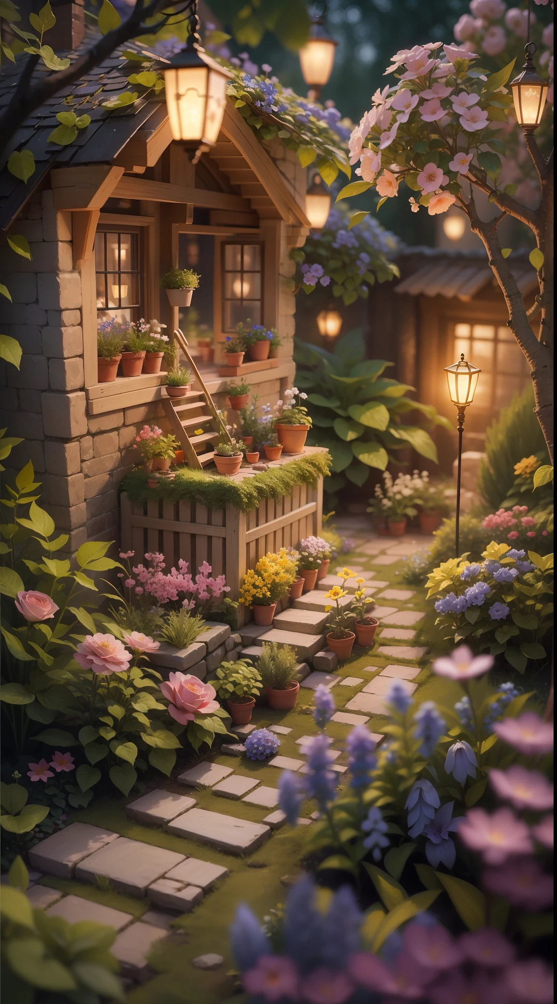 A miniature scene of a magical garden, with delicate flowers and softly lit branches, illuminated by a happy and smiling miniature. 8k auto realist