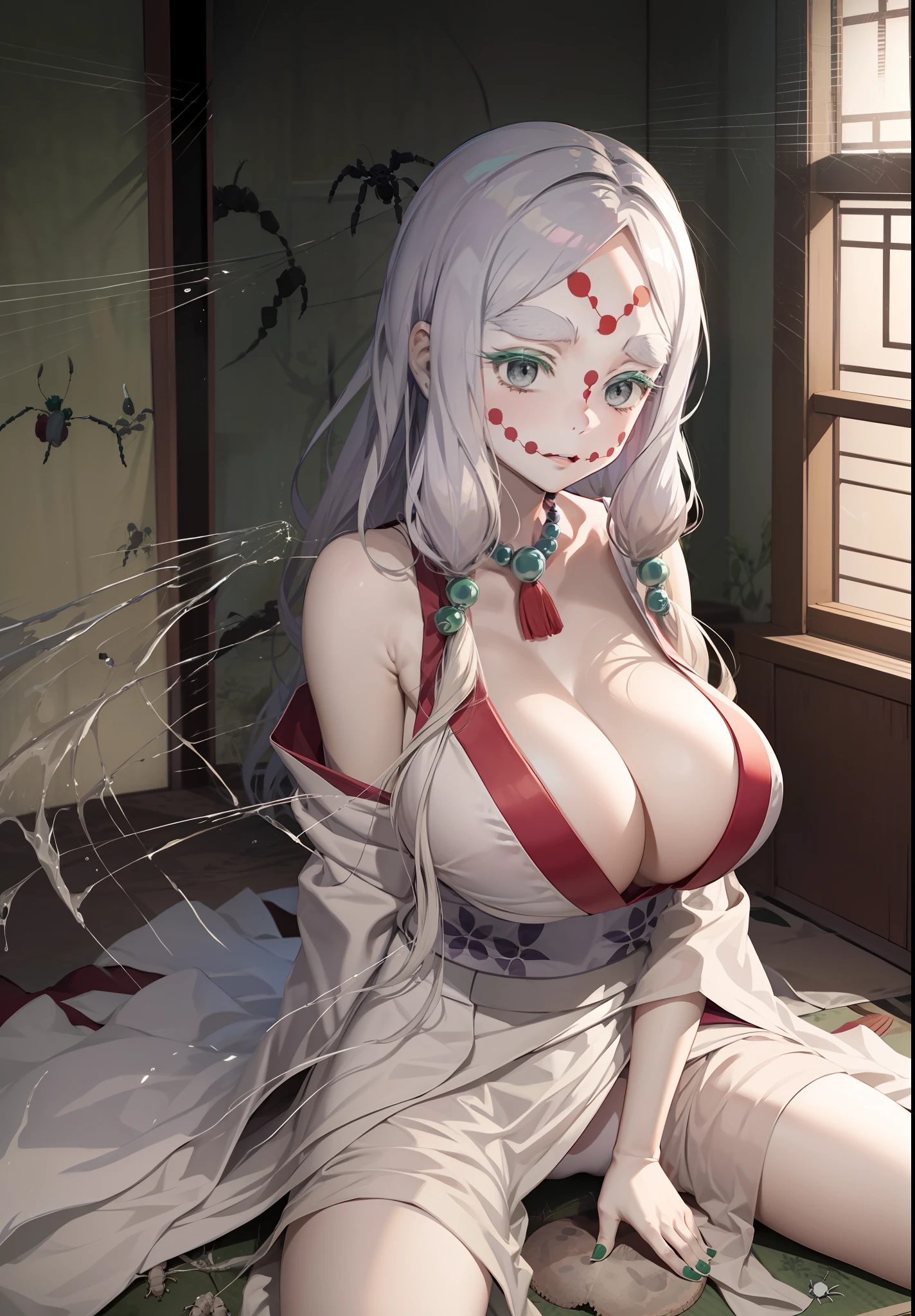 Huge breasts,(Straddling),(Open legs wide:1.2),Beautifully shaped breasts,slender,cleavage,(White kimono),(Black panty),花魁,Mother Spider,Showing panties,1boy,POV,About from,breasts focus,spider webs,Ruins,shame,seductiv,Impregnation,Tatami mats,Indoor,Shoulder out