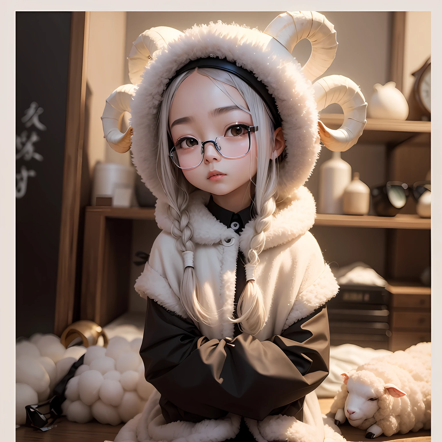 Xin sheep sheep ，black-frame glasses，black color hair