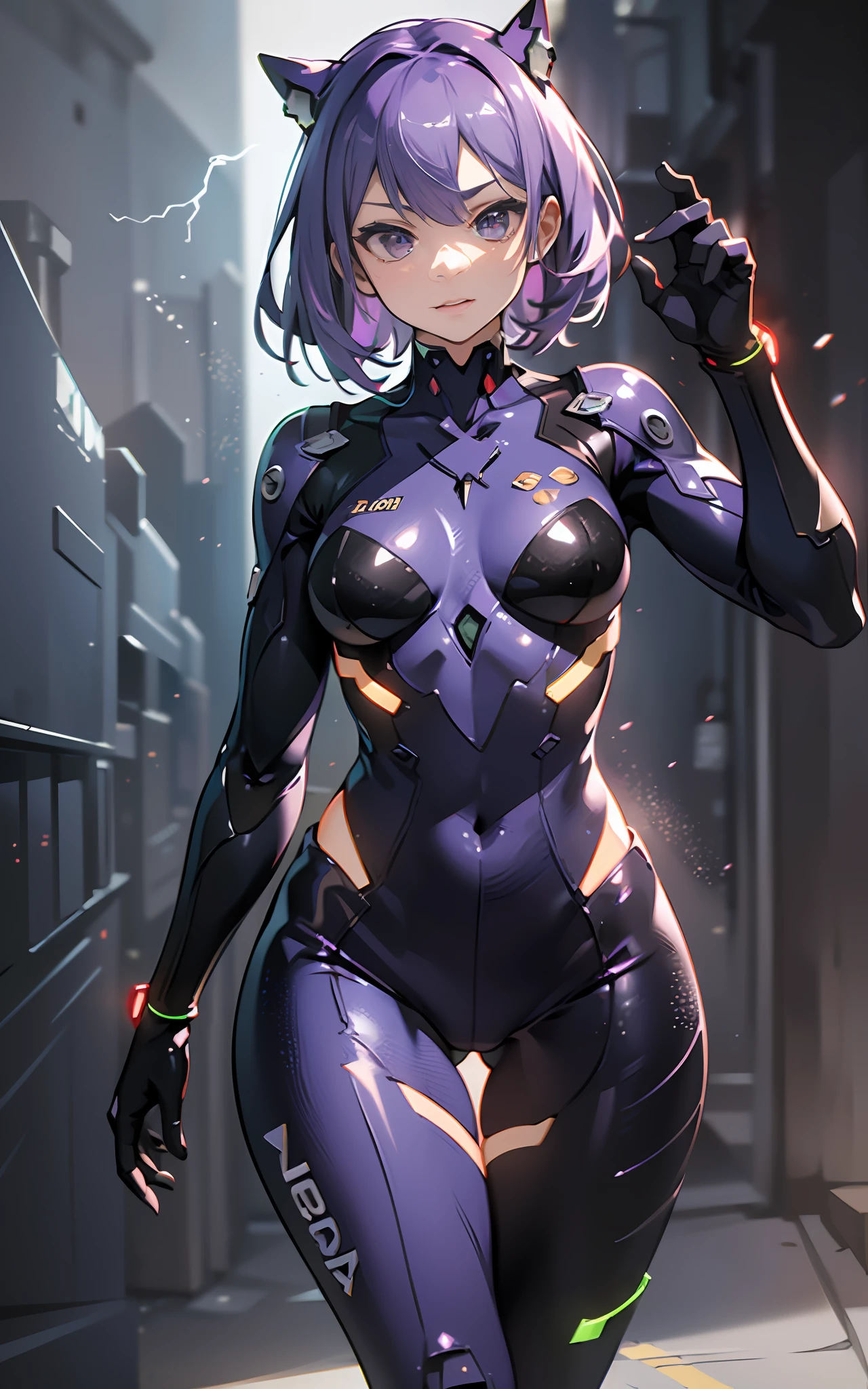 ((Best Quality)), ((masutepiece)), (Detailed: 1.4), (Absurd), paper, colorful line art, Perfect face, Hot latin female fighter pilot ready for war, Dark skin, lightning and lightning, defined muscular sculptural body, Wolverine mask, (((Full body))), Naked half-thick thighs, Closed mouth, muscular body covered in purple tech clothing, Neon Genesis Evangelion style, Cyberpunk, generous neckline, ((Perfect small breasts)),  ((totally purple clothing with golden rays)), (((short dark purple straight hair)))), Long black eyelashes dark makeup, niji --V5, close to real, psychopath, Crazy face, Sexy Pose, red and white background, 2 pieces clothing, Centered, scale to fit the dimensions, nffsw (High dynamic range),Ray tracing,NVIDIA RTX,Hyper-Resolution,Unreal 5,Subsurface Dispersion,  PBR Texture, Post-processing, Anisotropy Filtering, depth of fields, Maximum clarity and sharpness, Multilayer textures, Albedo and specular maps, Surface Shading, accurate simulation of light and material interactions, Perfect proportions, Octane Render, Two-tone lighting, Wide aperture, Low ISO, White Balance, thirds rule, 8K Raw, Crysisnanosuit,loraeyes,Nijijōnānī V51