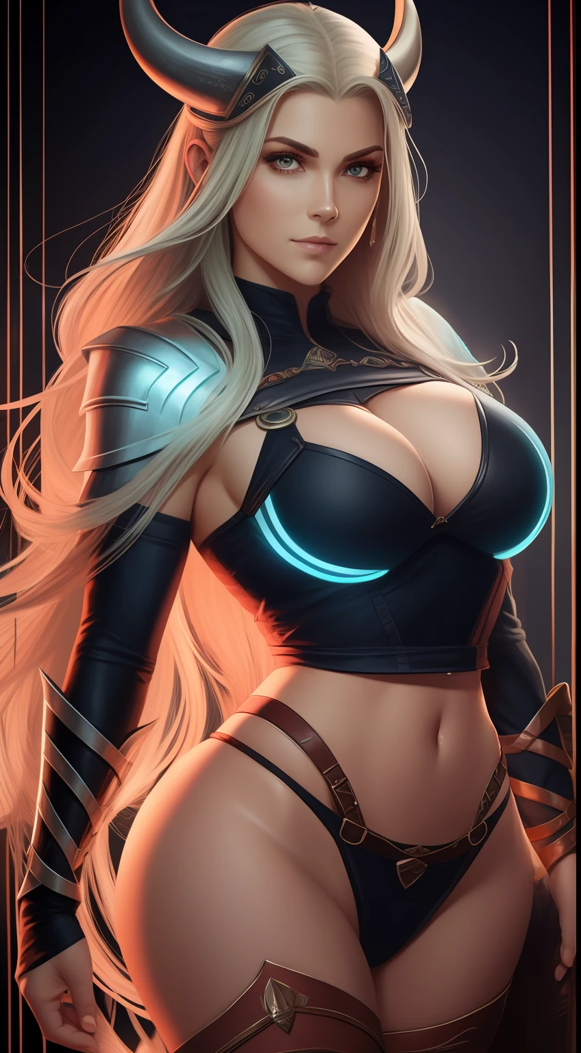 melhor qualidade, bioluminescente , Mulher, guerreira viking, 28 anos loira, corpo inteiro, Blusa de Couro, 8k