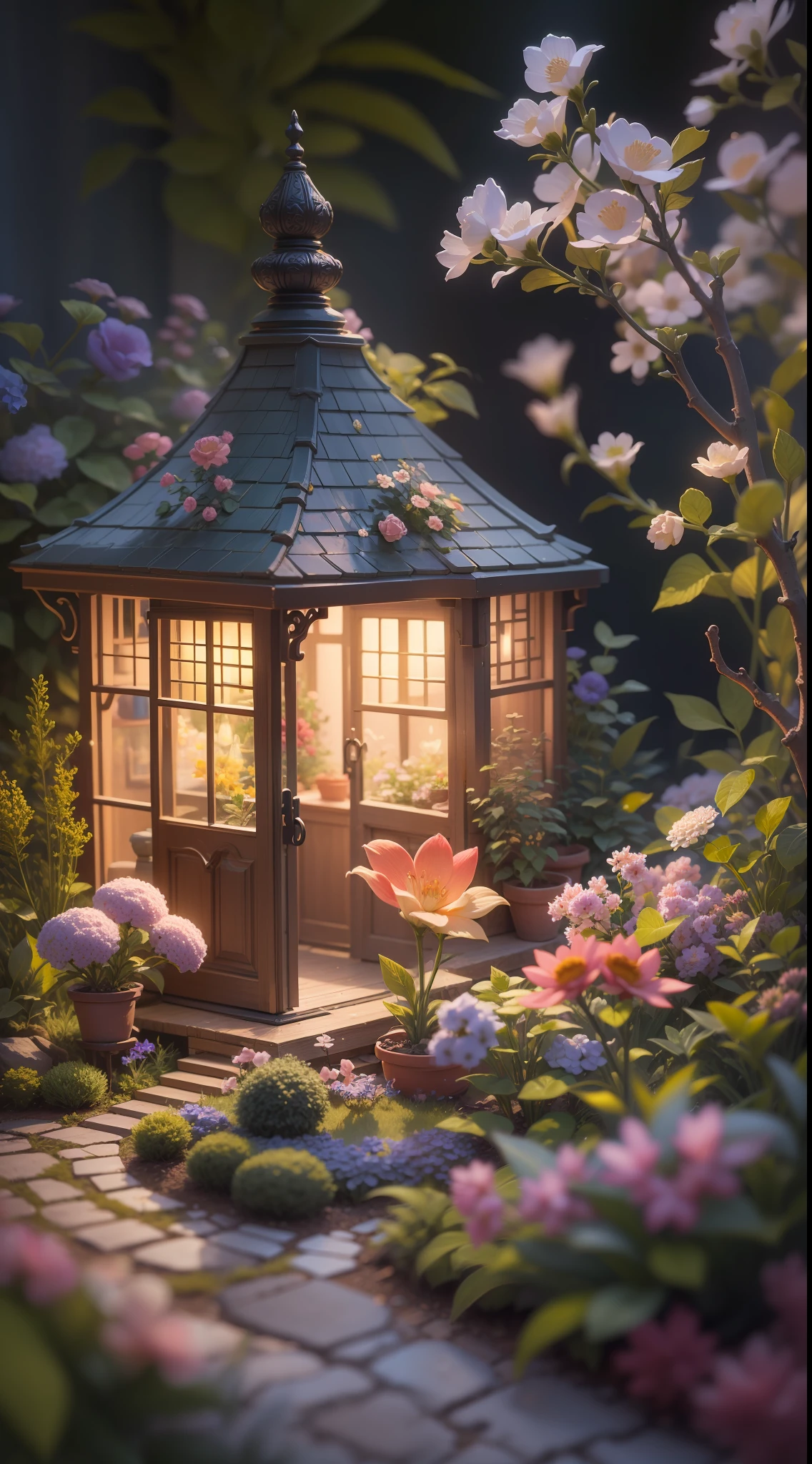 A miniature scene of a magical garden, with delicate flowers and softly lit branches, illuminated by a happy and smiling miniature. 8k auto realist