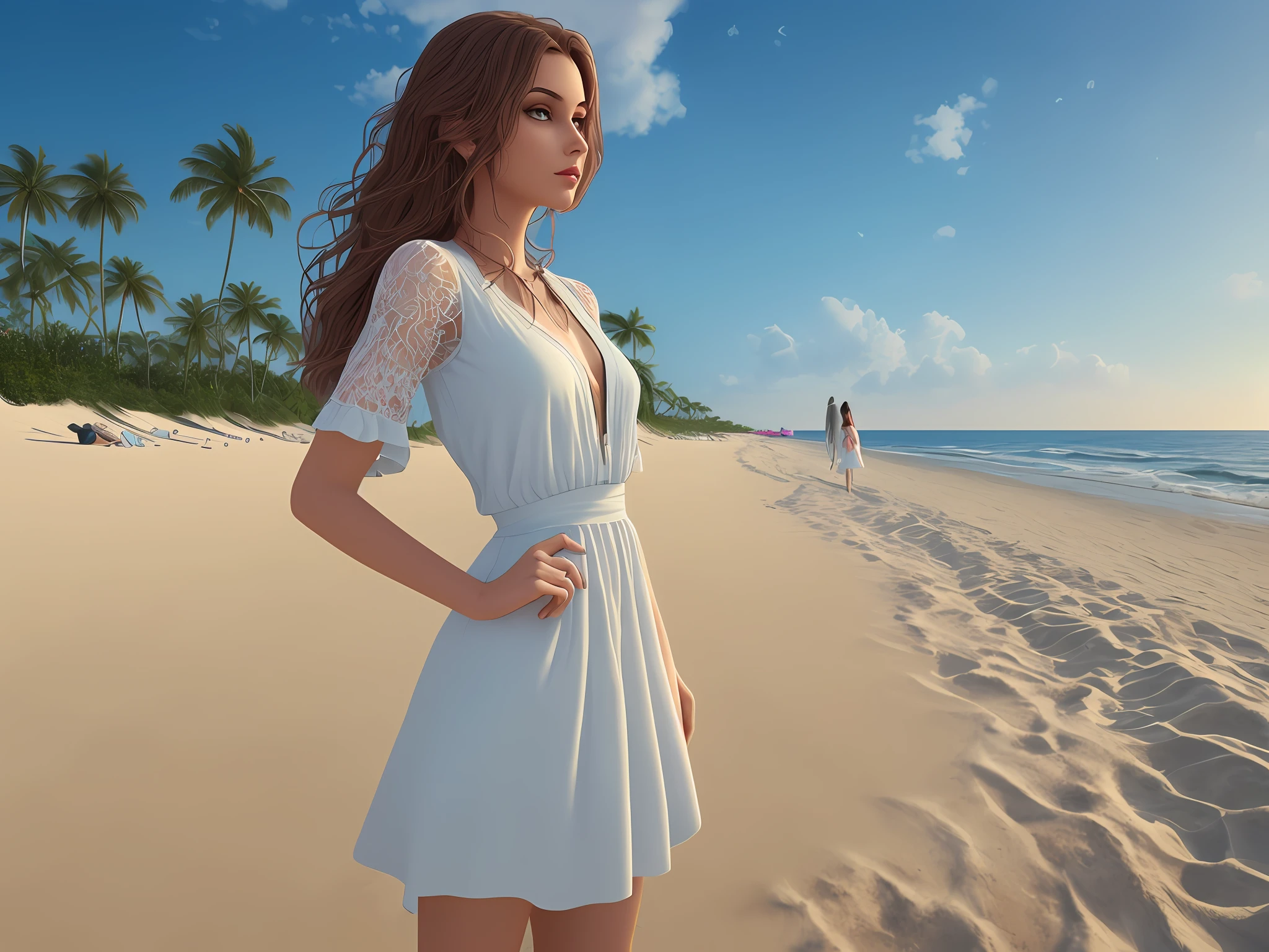 Most beautiful women standing position in beach ((Masterpiece))), ((Best Quality))), ((Ultra Detailed)), (Surreal), (Highly Detailed CG Illustration), Official Art, Cinematic Light, Realistic, A Young Beautiful Girl, Perfect Figure, White Dress, Dress, Beach, Sunset, Gorgeous, Full View, Footsteps, Inky Beauty
