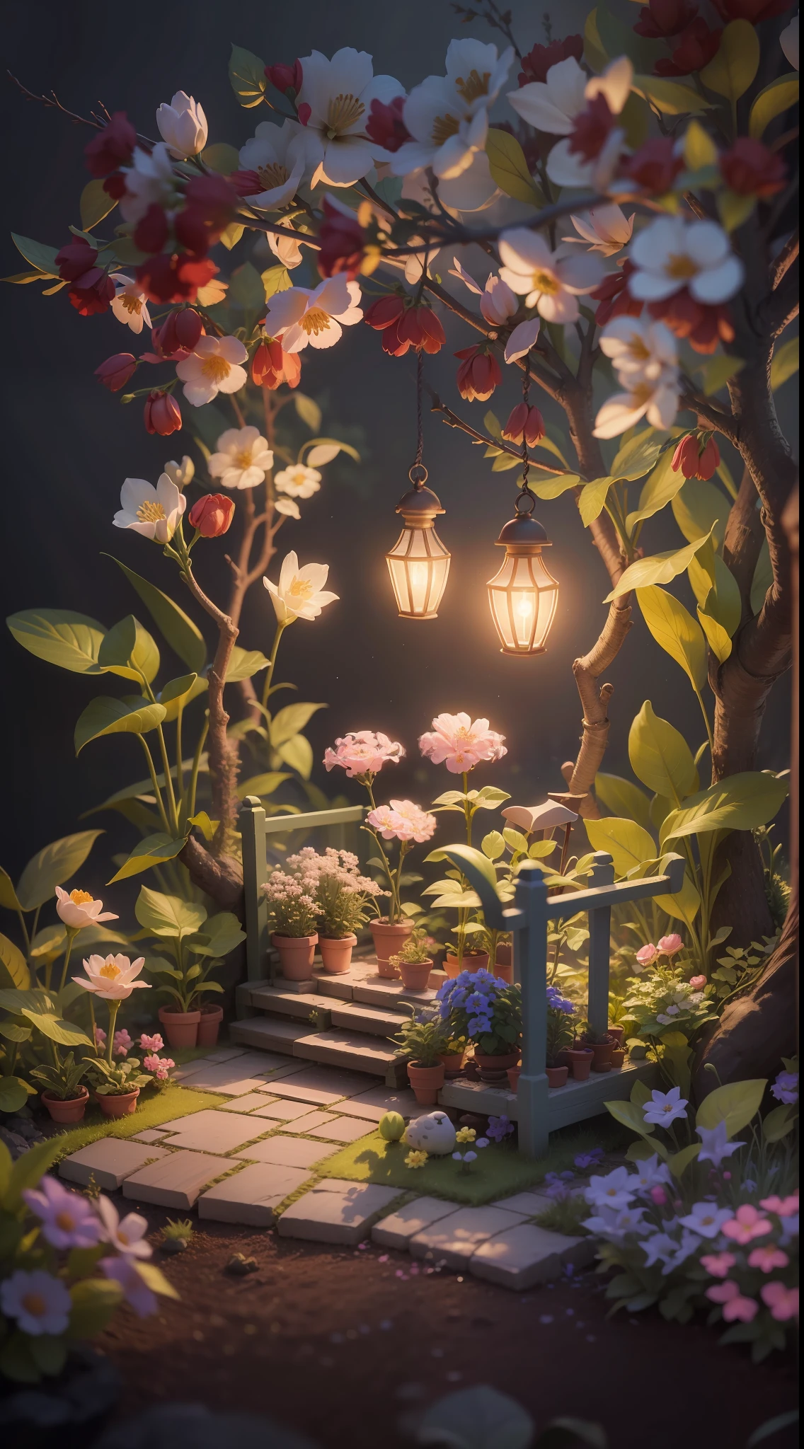 A miniature scene of a magical garden, with delicate flowers and softly lit branches, illuminated by a happy and smiling miniature. 8k auto realist