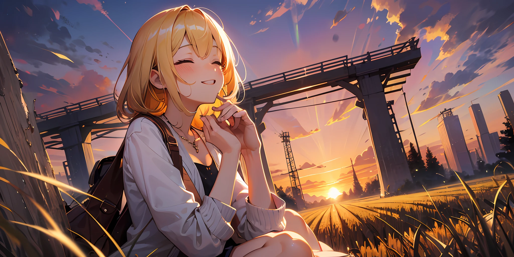Best quality, Best Masterpiece, 1 woman, ((((Solo))), From the side Side, (Close your eyes: 1.4), Gentle smile, Show your teeth, Looking at the camera, Blonde, Brown cardigan, checked skirt, Blushing, (Rice field at dusk: 1.3), Big sunset, an orange view, small necklace, (Hide hands: 1.4),ultra - detailed,